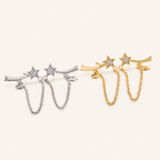 Sterling Silver Star Zirconia Chain Drop Stud Earrings detail view