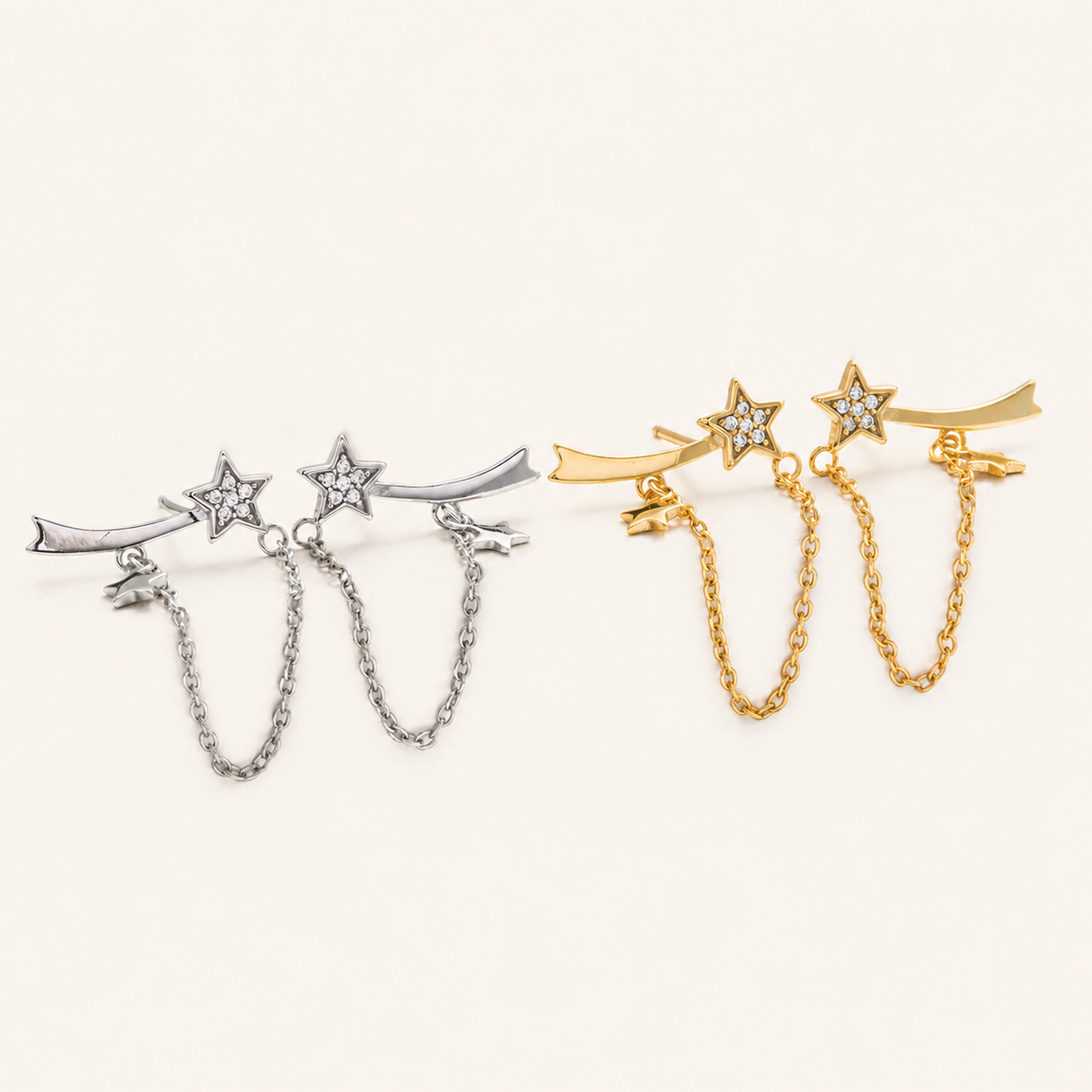 Sterling Silver Star Zirconia Chain Drop Stud Earrings detail view