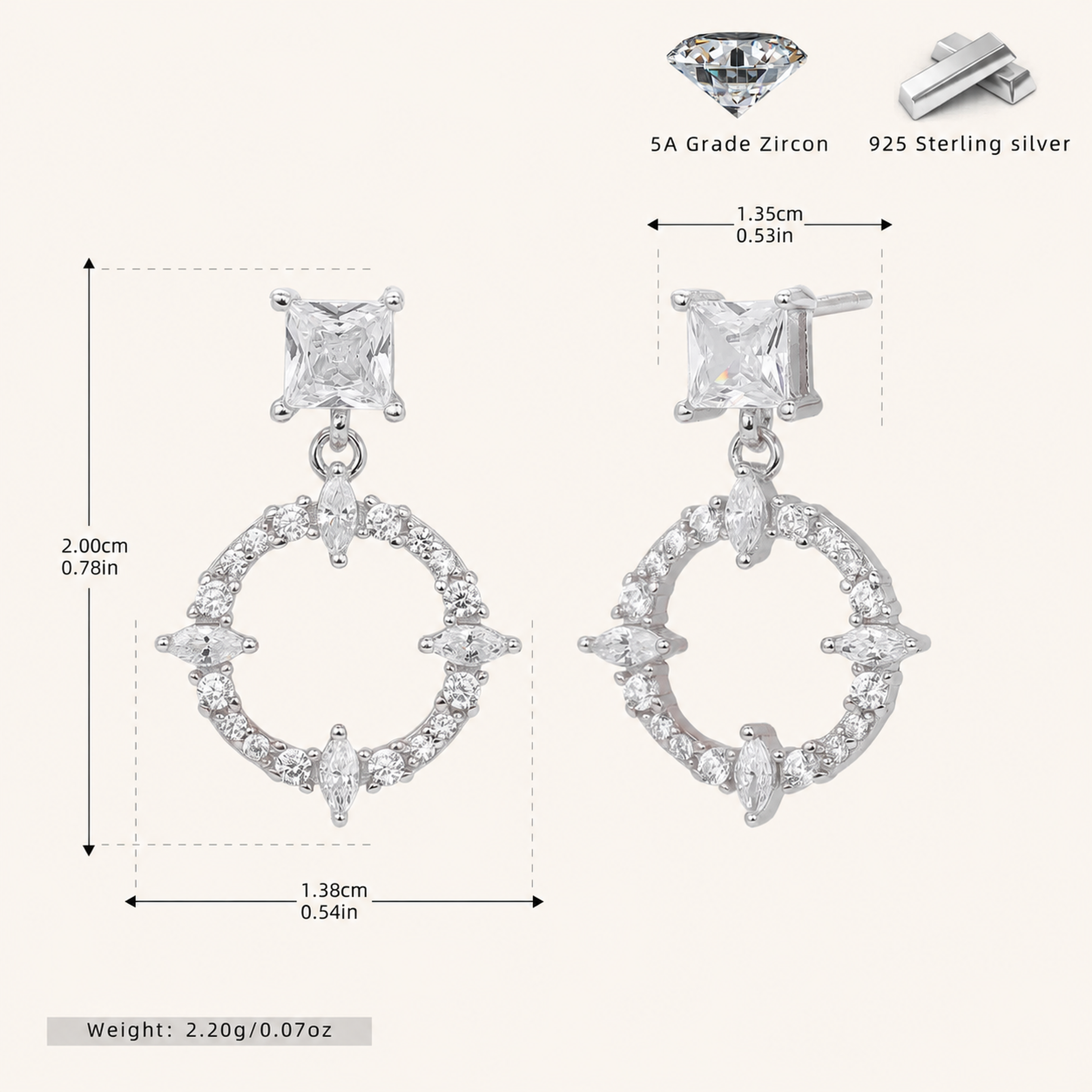 Sterling Silver French Pavé Zirconia Stud Earrings - Platinum