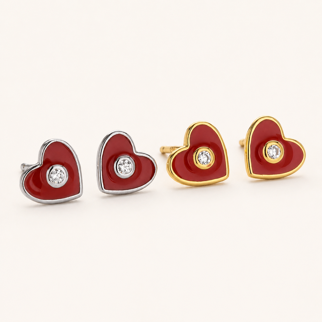 Sterling Silver Sparkling Heart Zirconia Stud Earrings detail