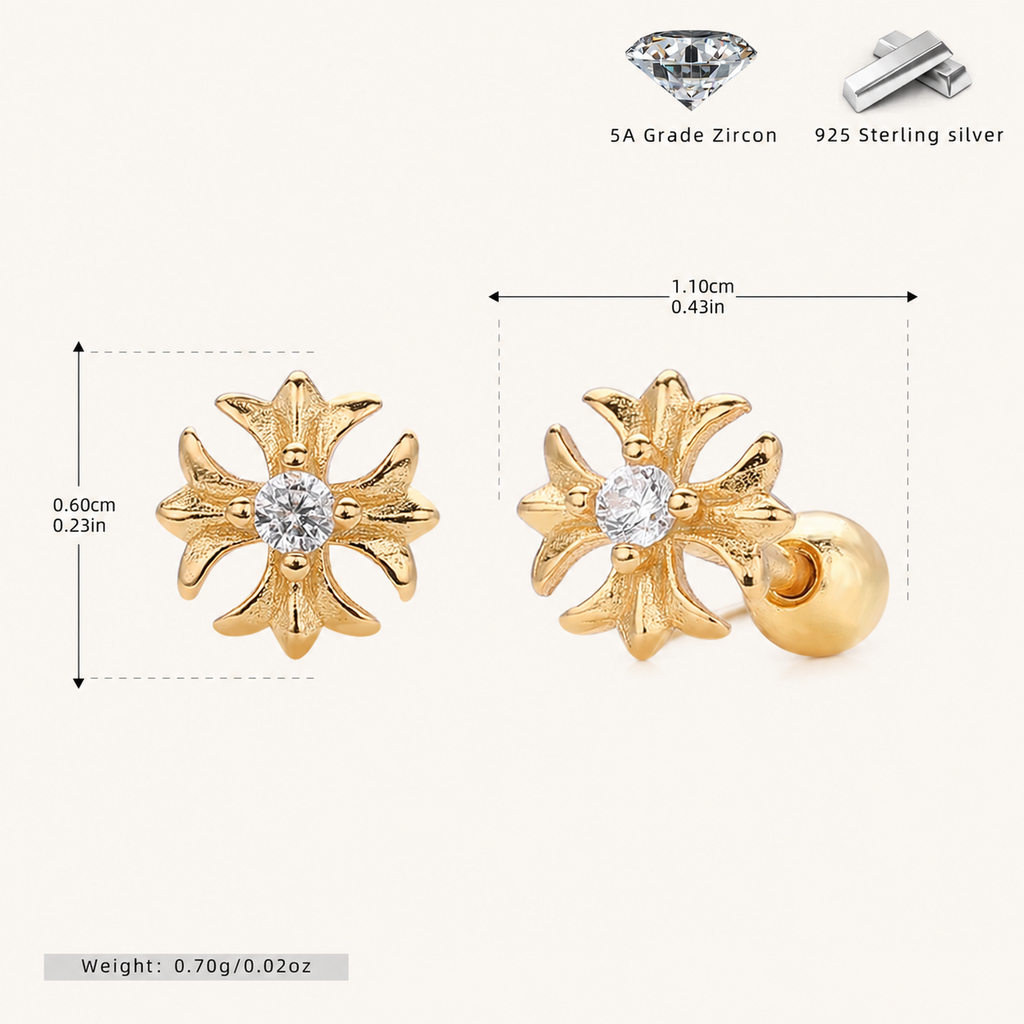 Sterling Silver Pinwheel Zirconia Flat Back Earrings - Gold