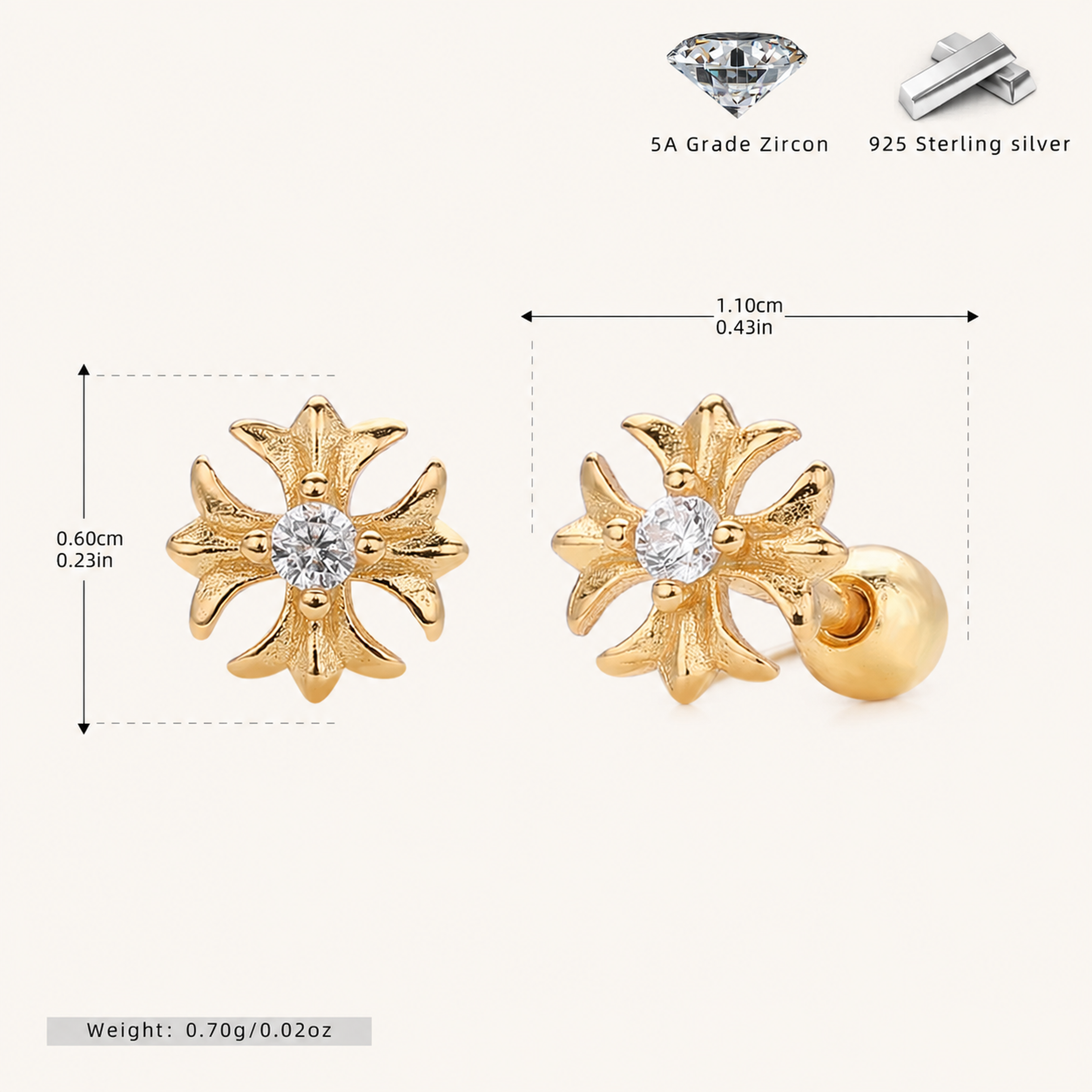 Sterling Silver Pinwheel Zirconia Flat Back Earrings - Gold