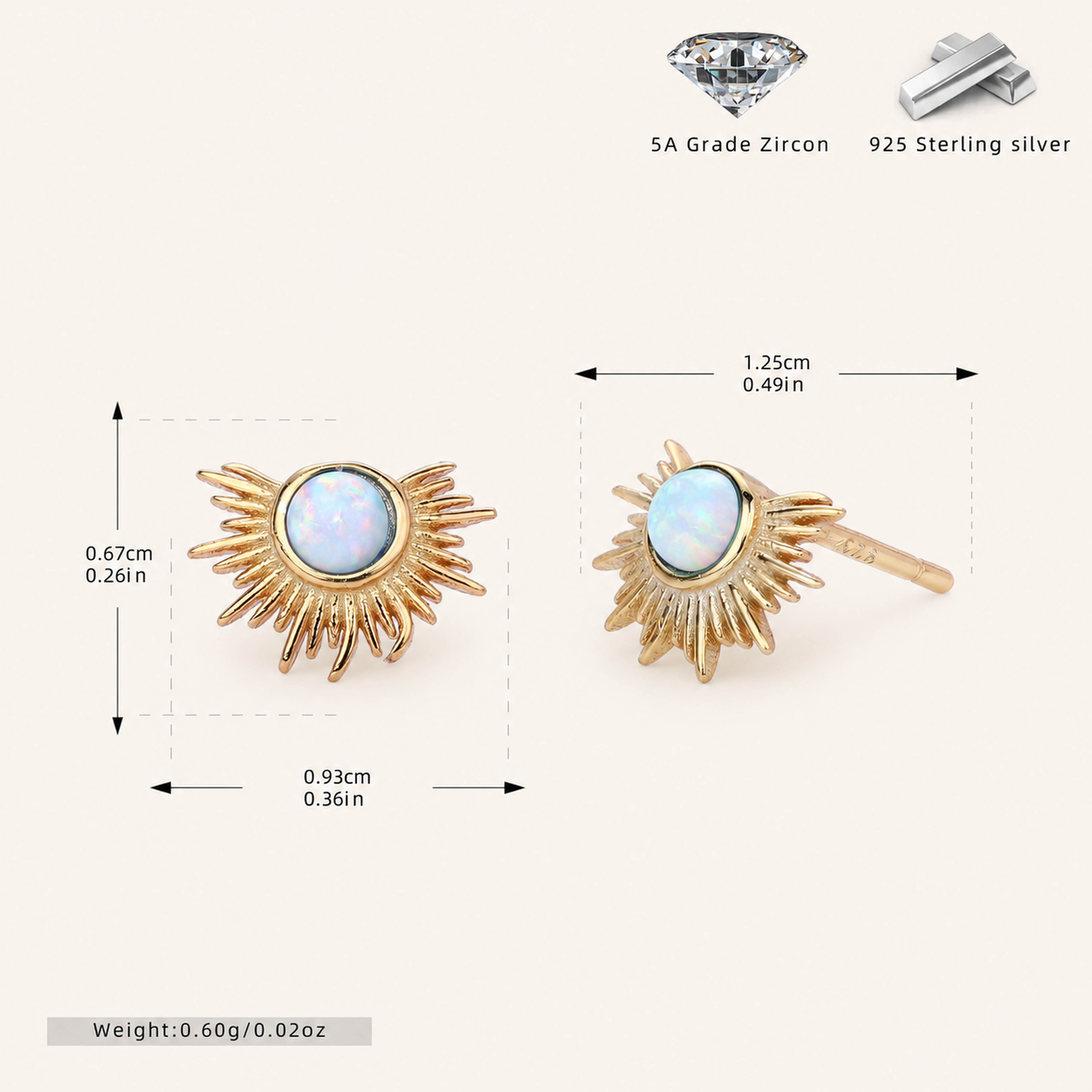 Sterling Silver French Fan Opal Stud Earrings - Gold / White