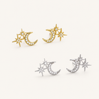 Sterling Silver Star and Moon Zirconia Stud Earrings detail