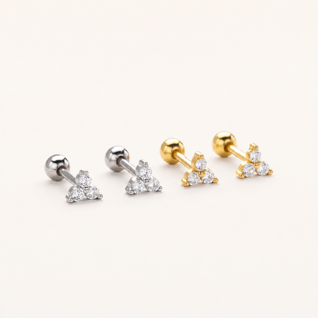Sterling Silver Three-Stone Zirconia Cartilage Flat Back Earrings detail