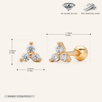 Sterling Silver Three-Stone Zirconia Cartilage Flat Back Earrings - Gold