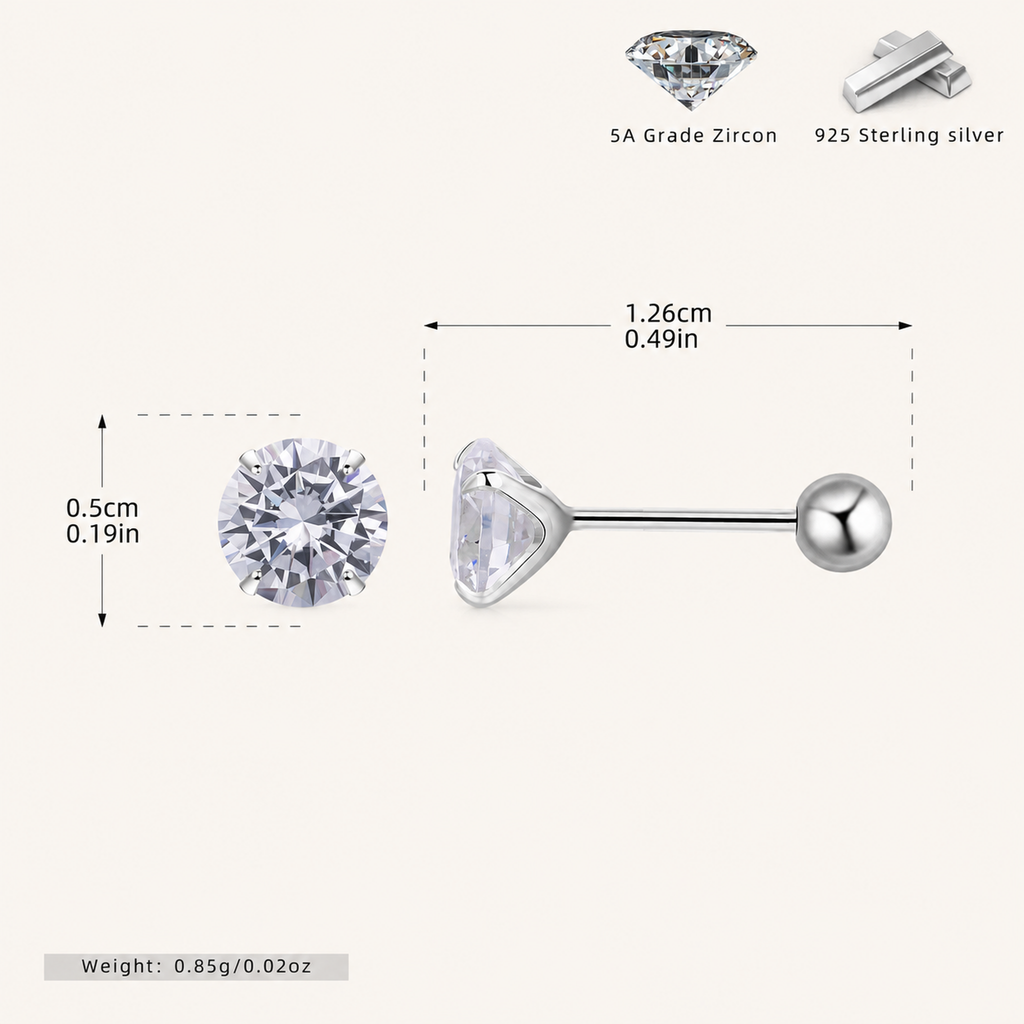Sterling Silver Four-Prong Zirconia Flat Back Earrings - Platinum / 5mm