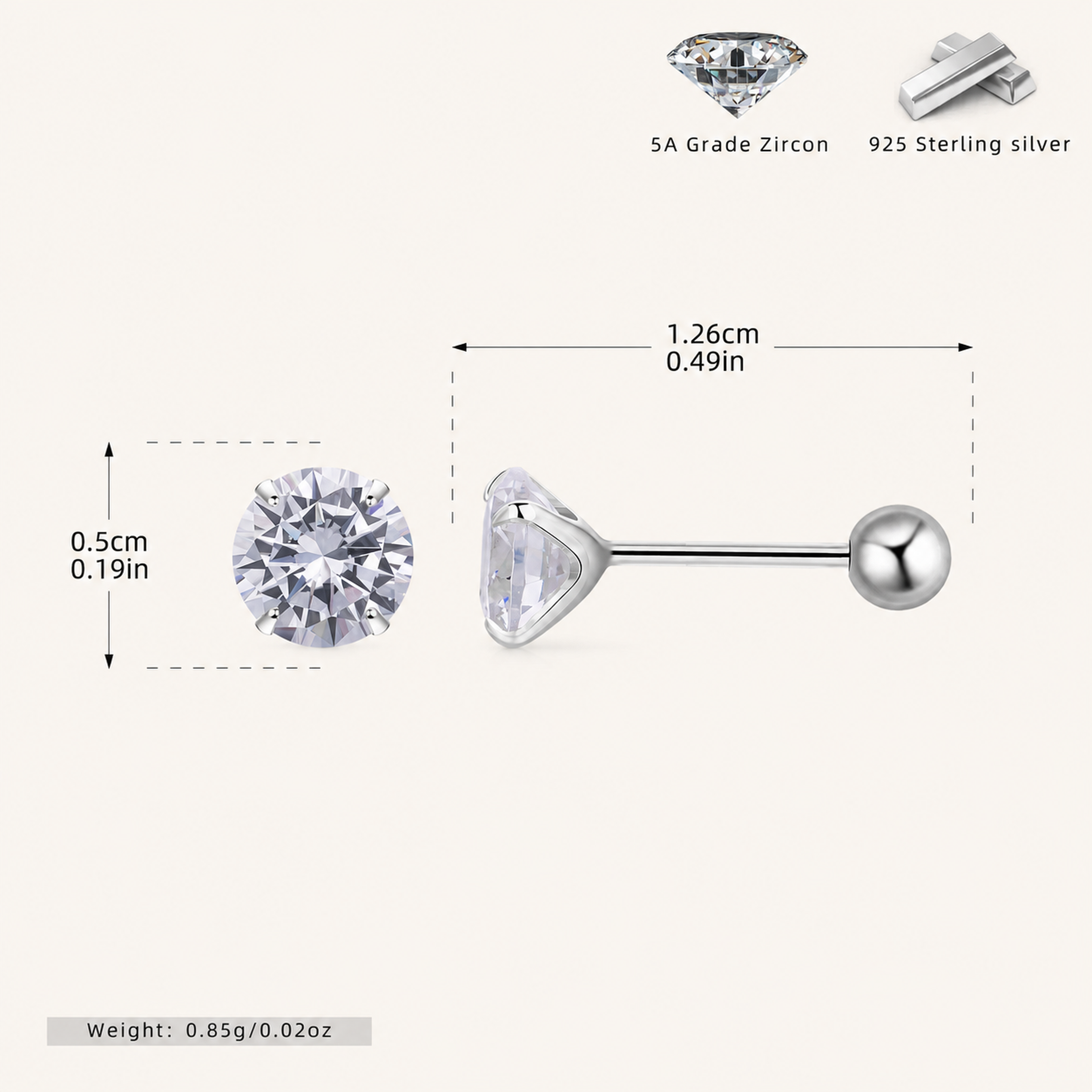 Sterling Silver Four-Prong Zirconia Flat Back Earrings - Platinum / 5mm