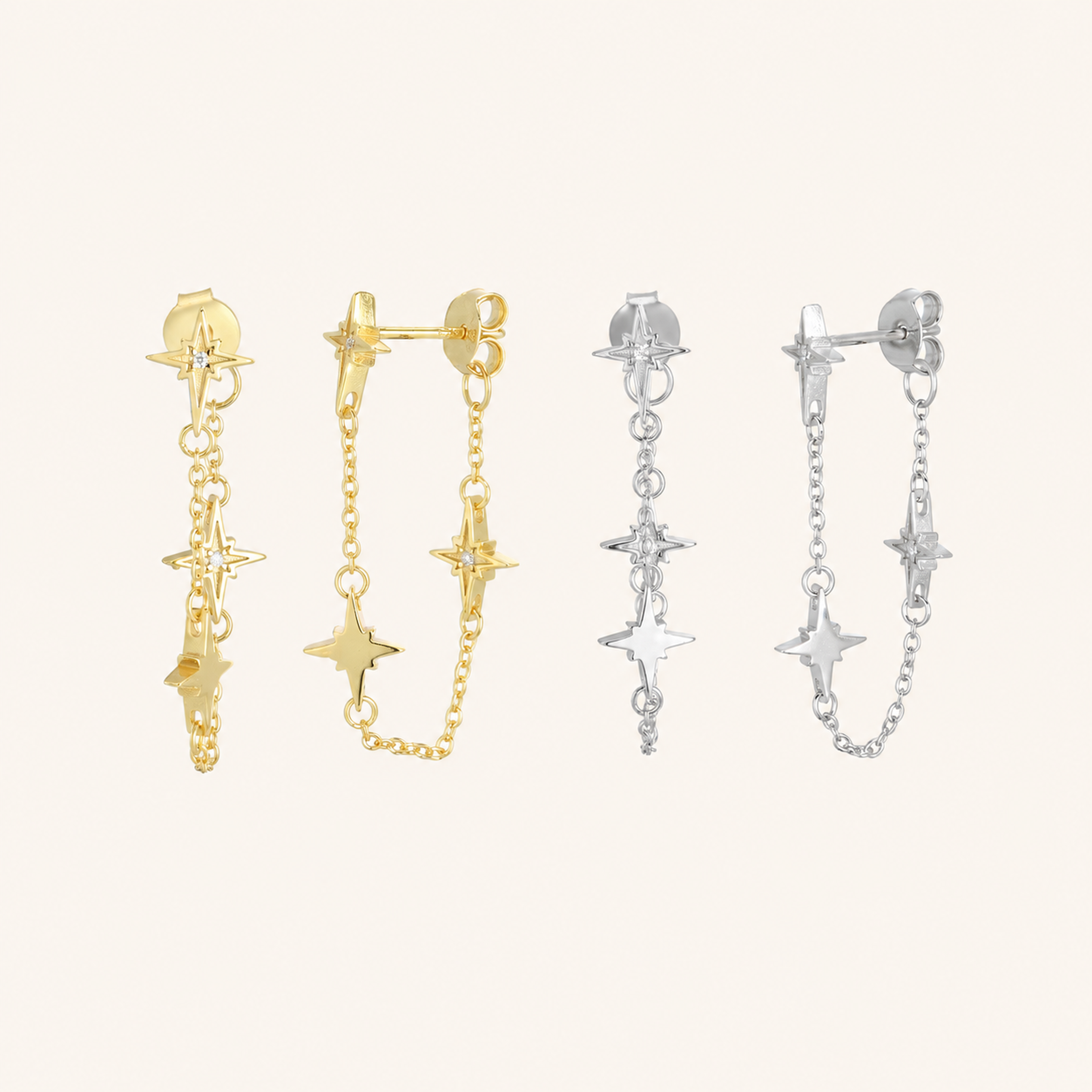 Sterling Silver Star Zirconia Tassel Drop Stud Earrings