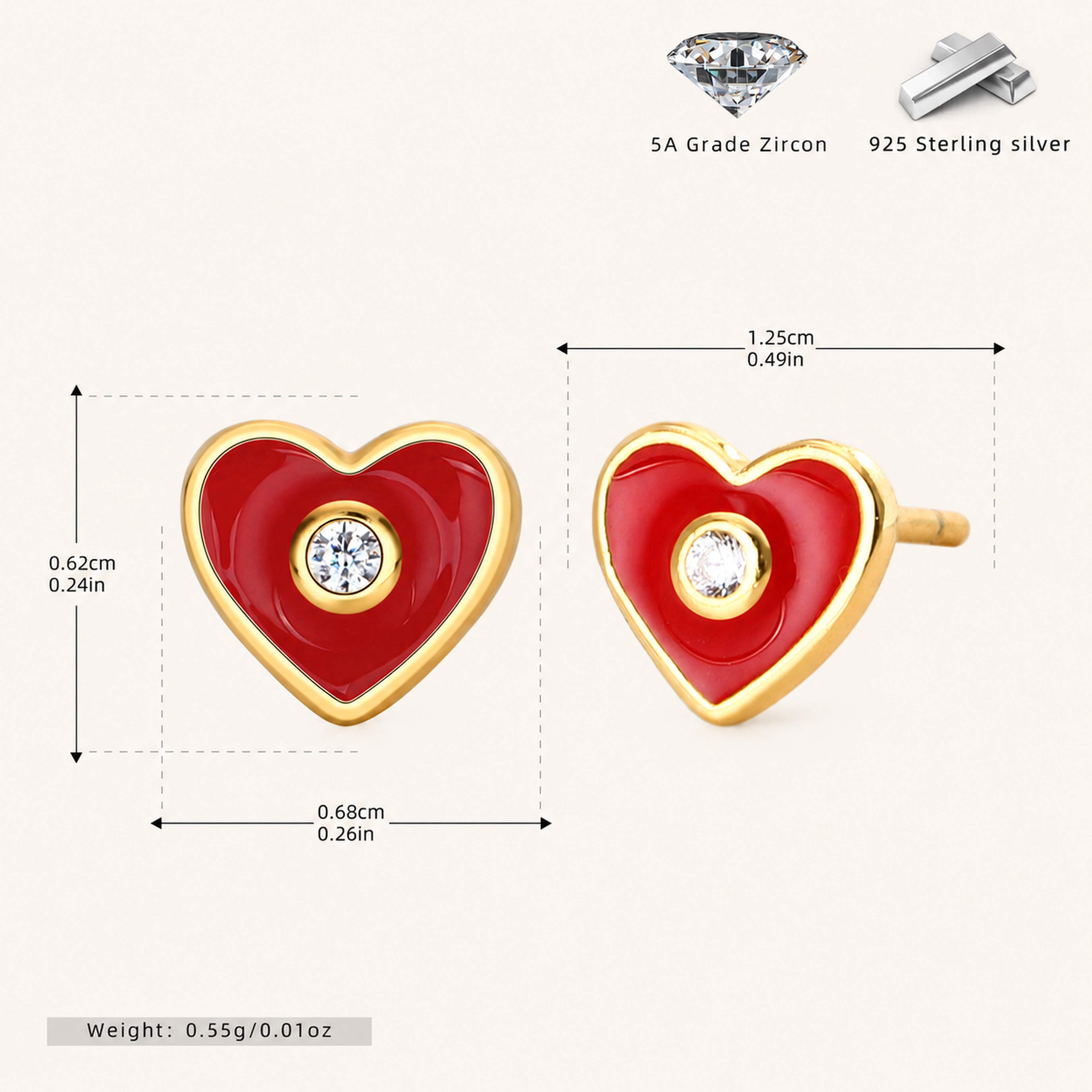 Sterling Silver Sparkling Heart Zirconia Stud Earrings - Gold