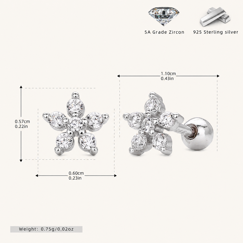 Sterling Silver Zirconia Flower Flat Back Earrings - Platinum