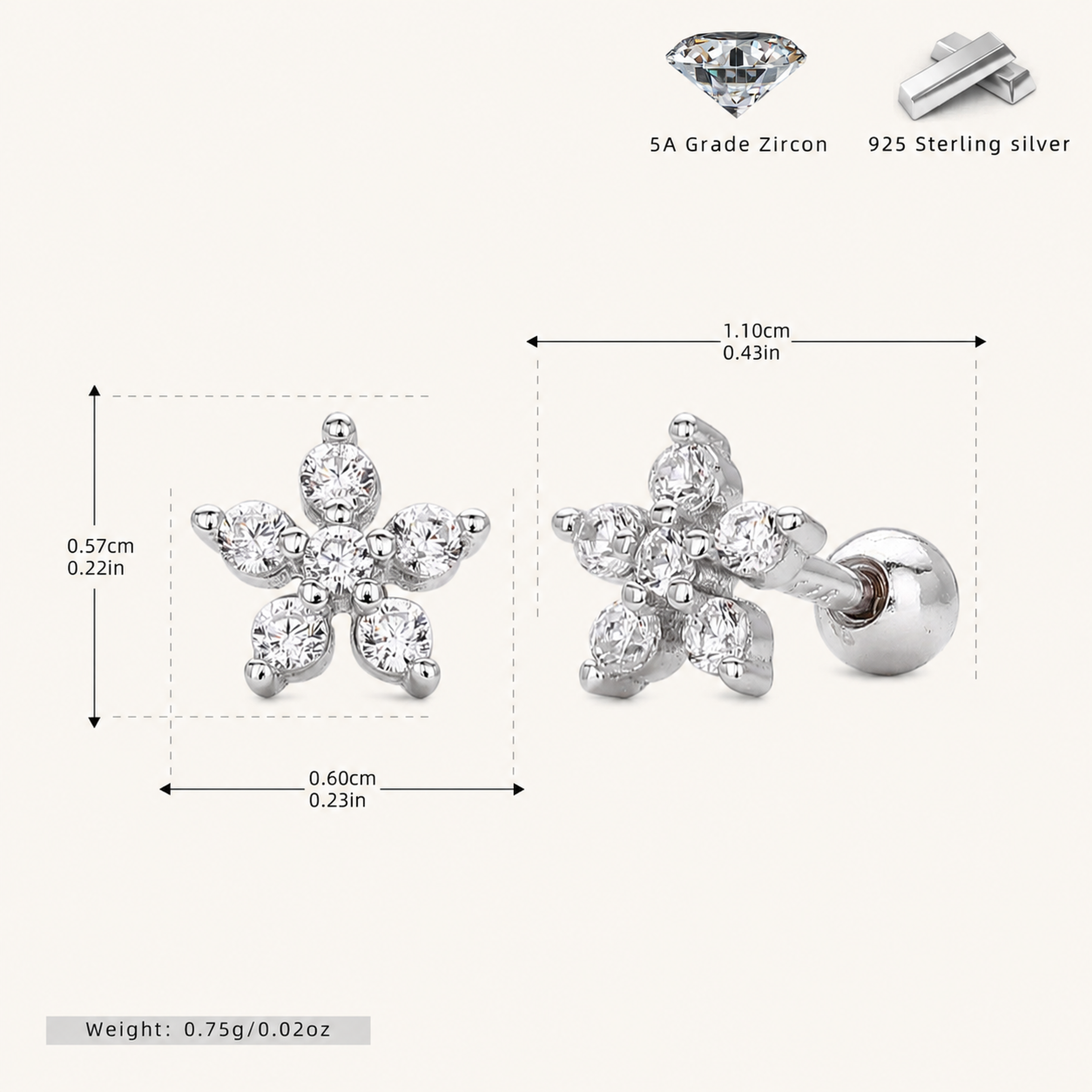Sterling Silver Zirconia Flower Flat Back Earrings - Platinum