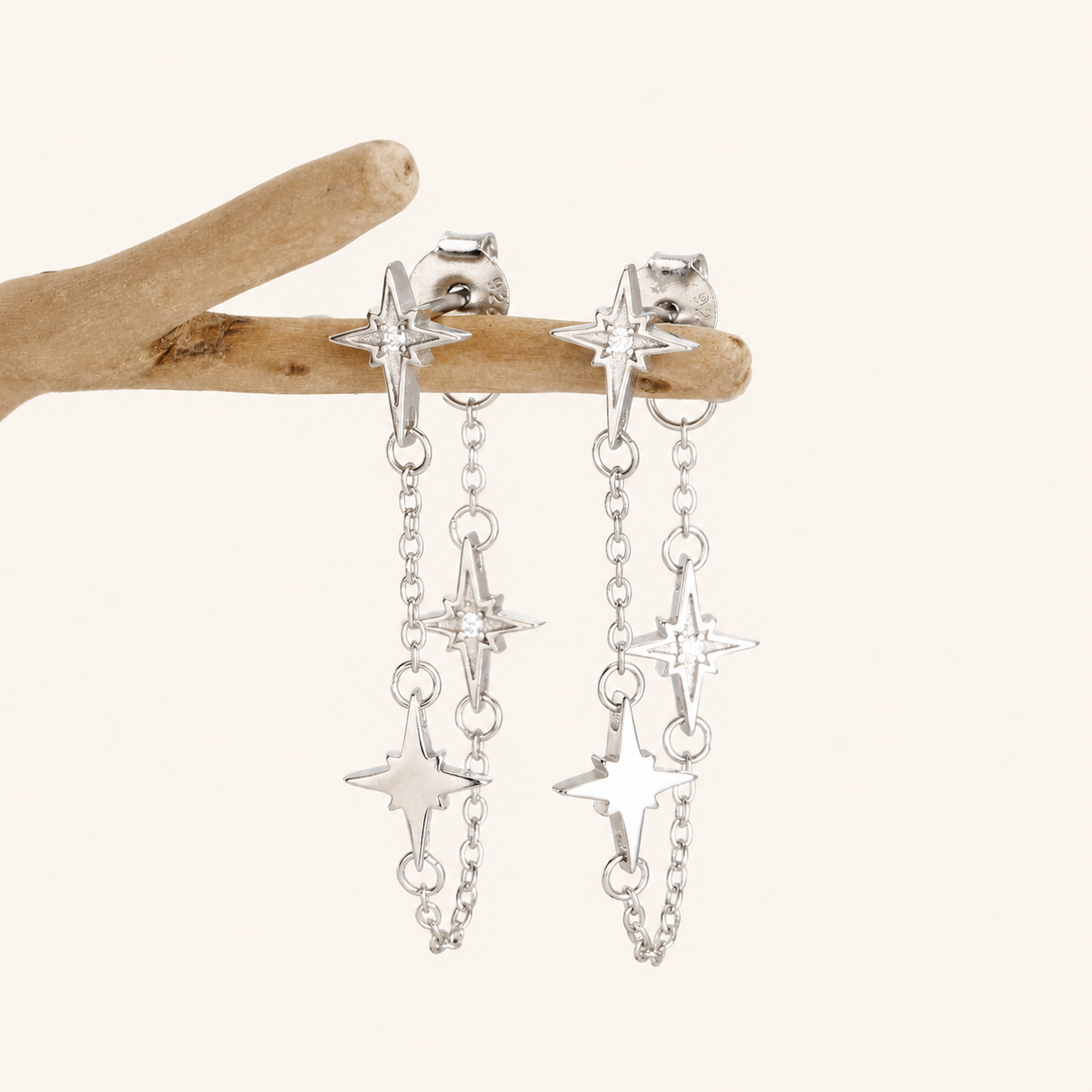 Sterling Silver Star Zirconia Tassel Drop Stud Earrings detail