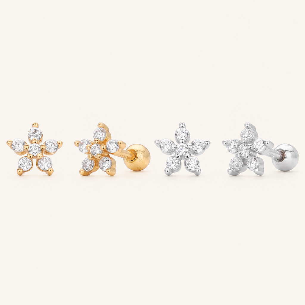 Sterling Silver Zirconia Flower Flat Back Earrings