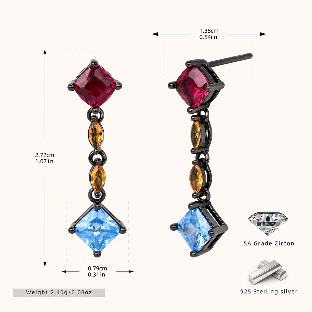 Sterling Silver Square Zirconia Tassel Drop Stud Earrings - BlackGold