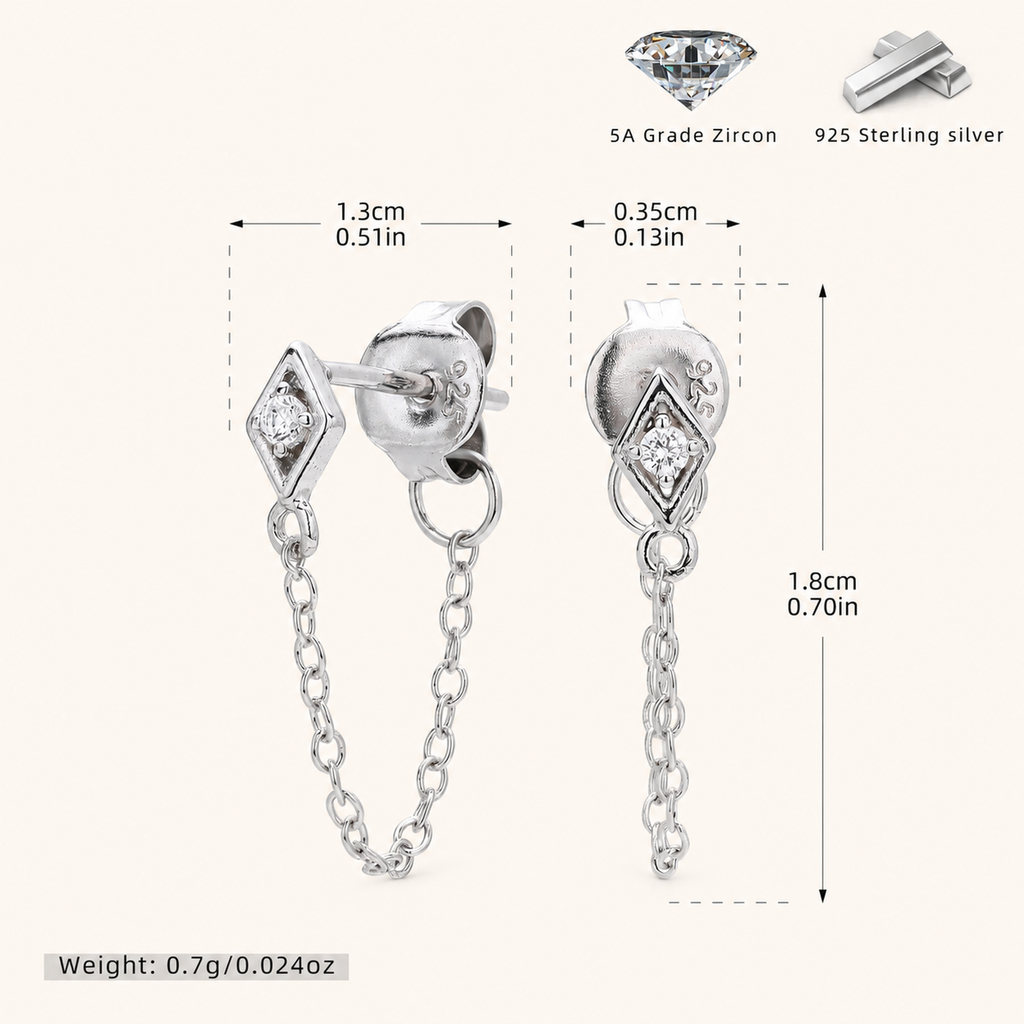 Sterling Silver Rhombus Zirconia Chain Drop Stud Earrings - Platinum
