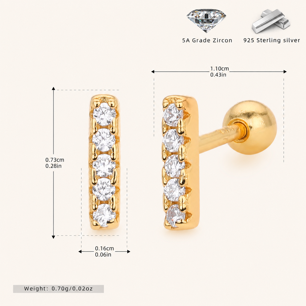 Sterling Silver Zirconia Bar Row Flat Back Earrings - Gold