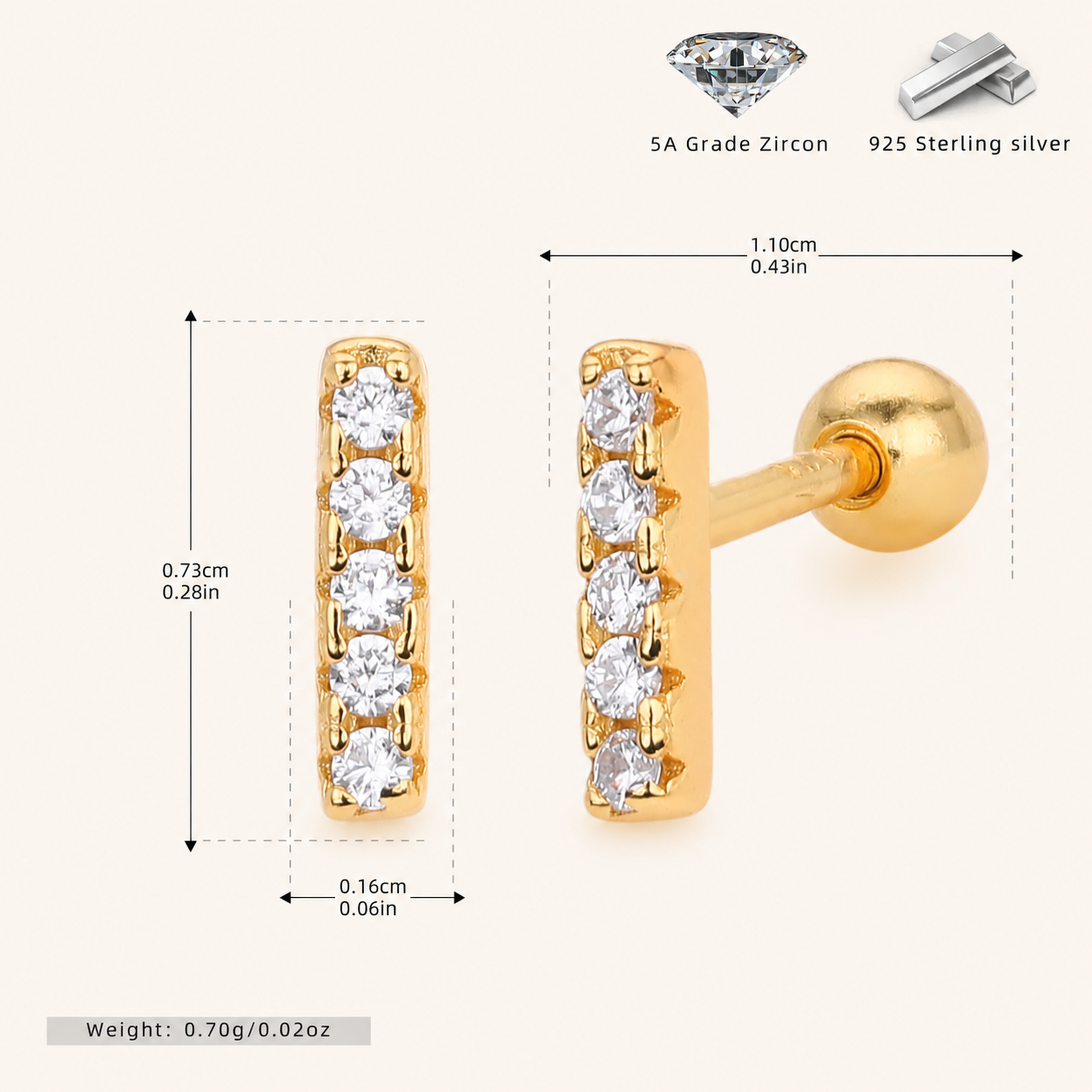 Sterling Silver Zirconia Bar Row Flat Back Earrings - Gold