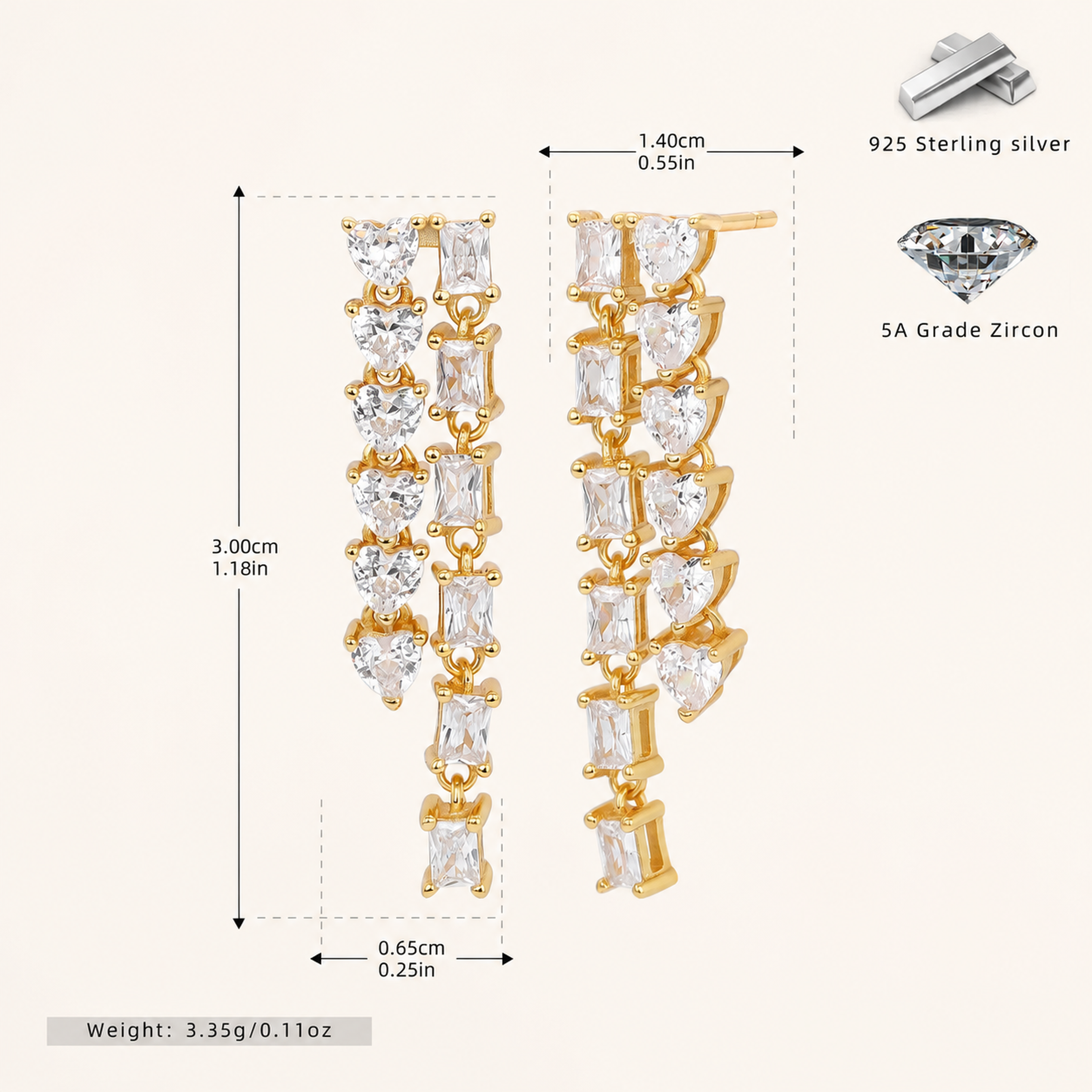 Sterling Silver Zirconia Tassel Drop Stud Earrings - Gold