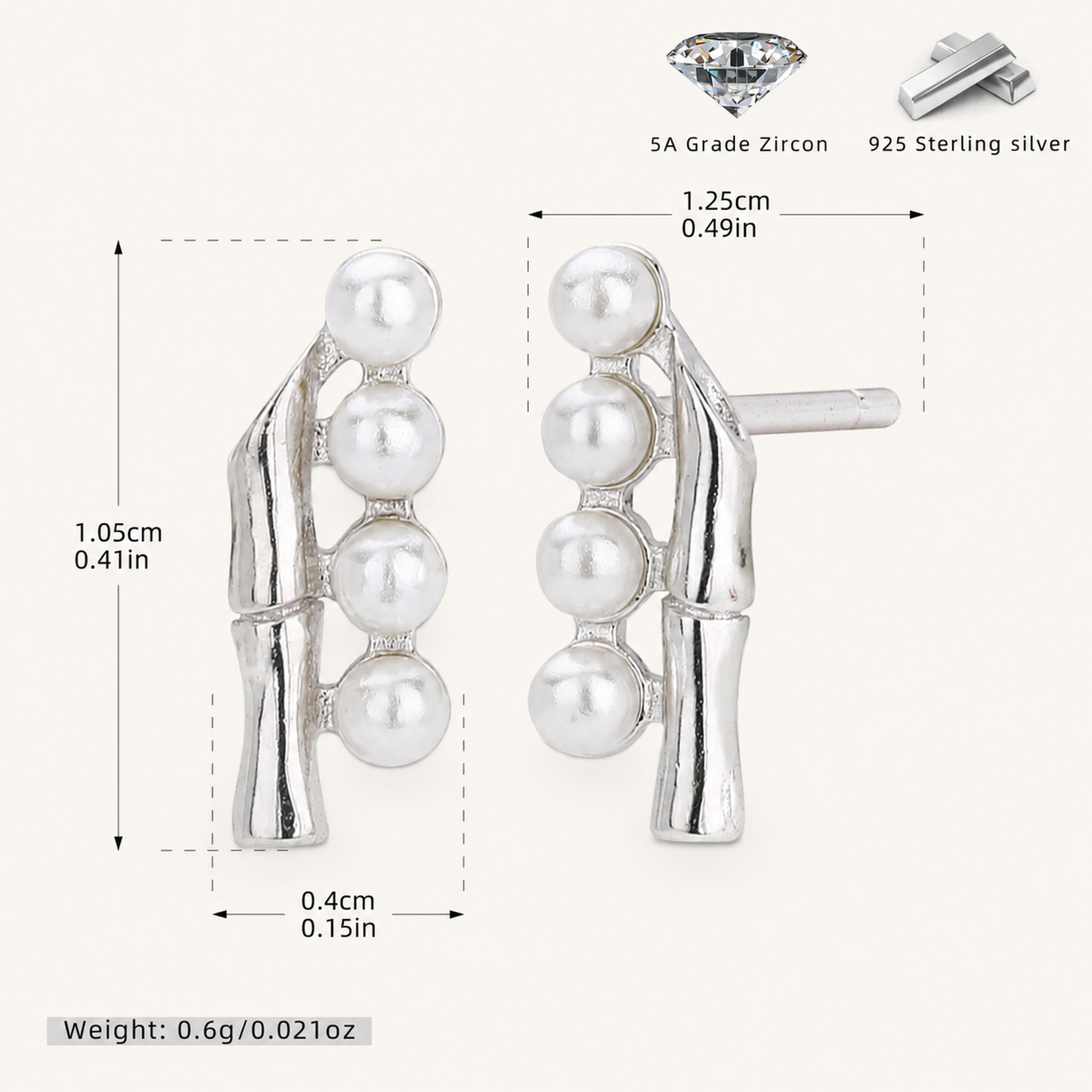 Sterling Silver Bamboo Pearl Stud Earrings - Platinum