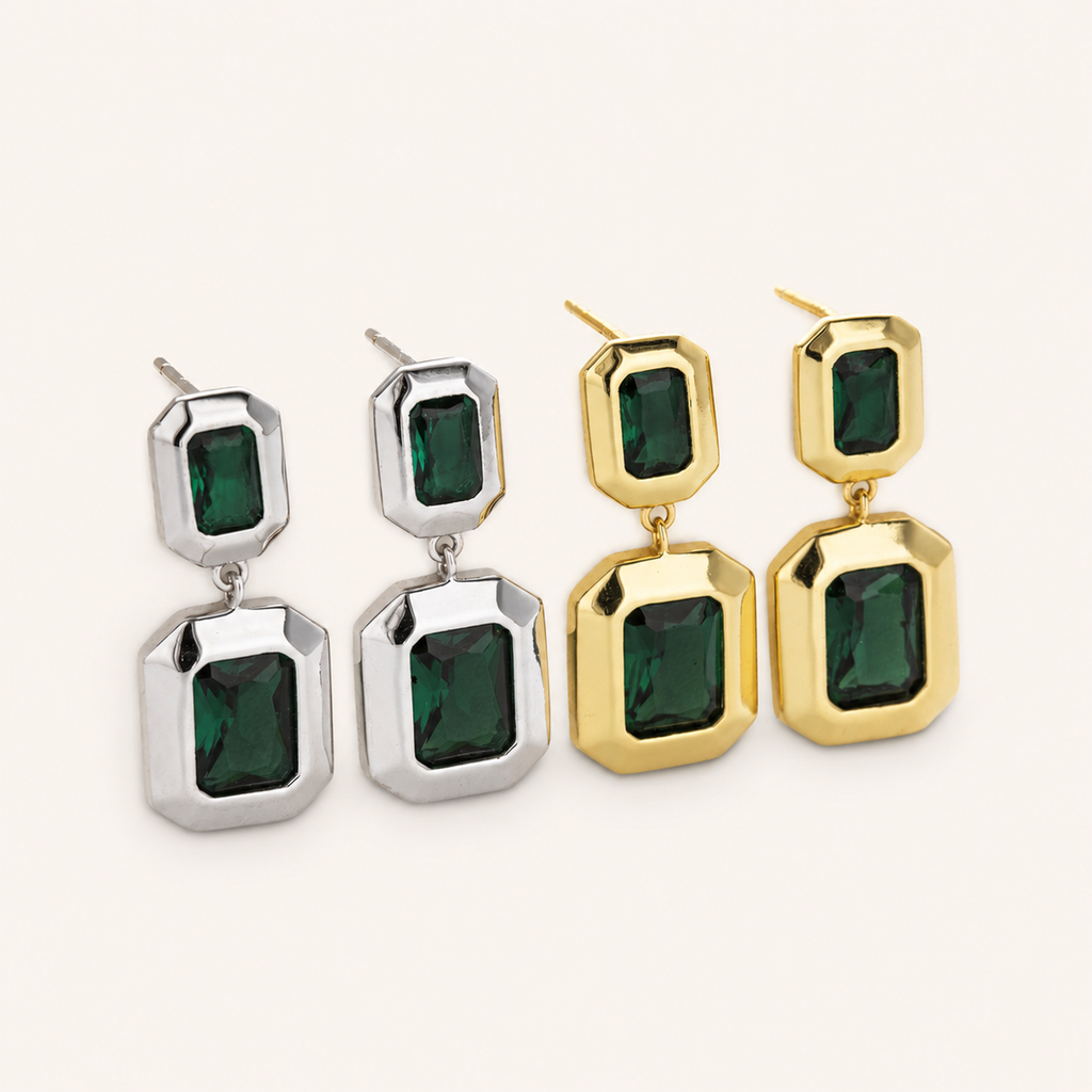 Sterling Silver Emerald-Green Geometric Stud Earrings detail