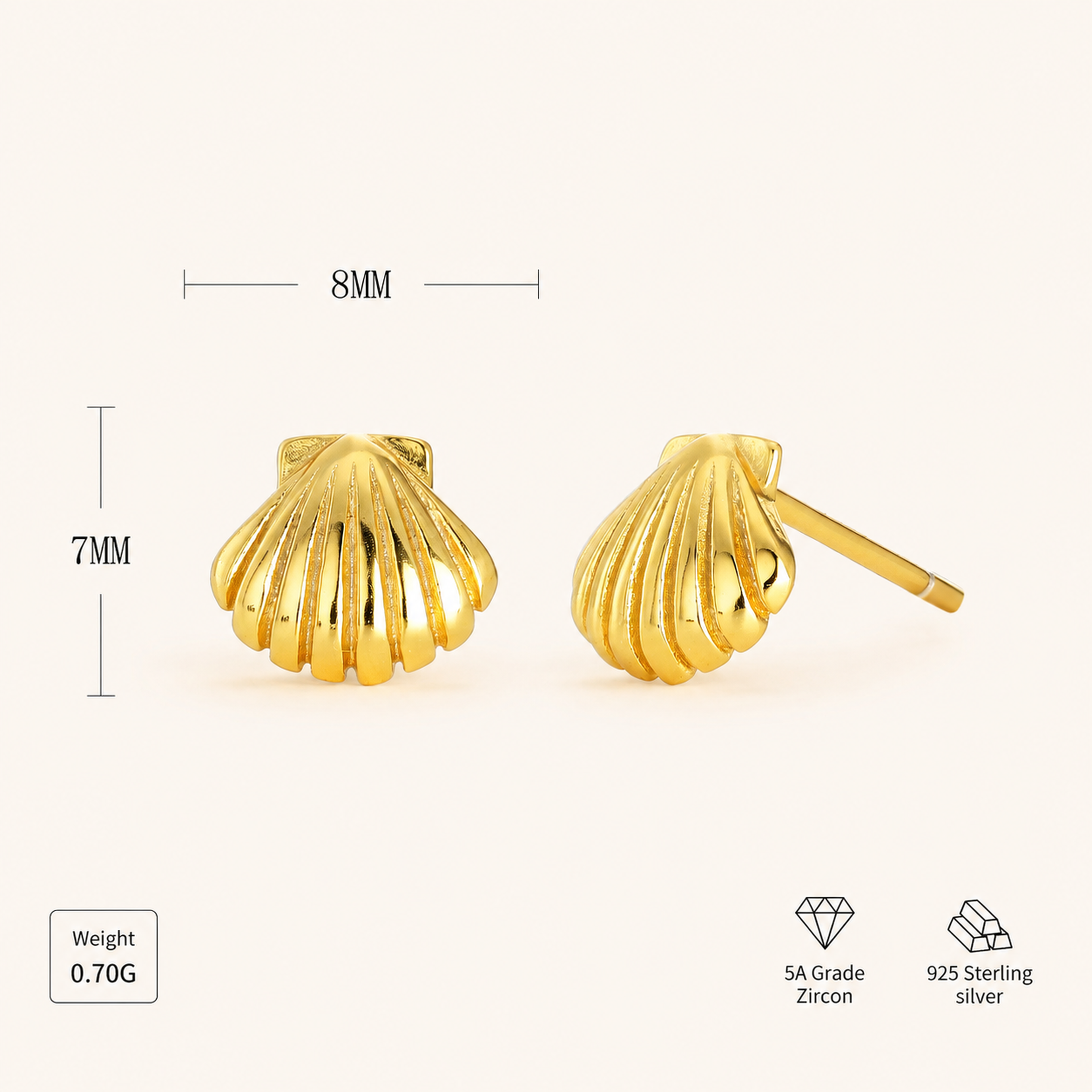 Sterling Silver Mini Shell Stud Earrings - Gold
