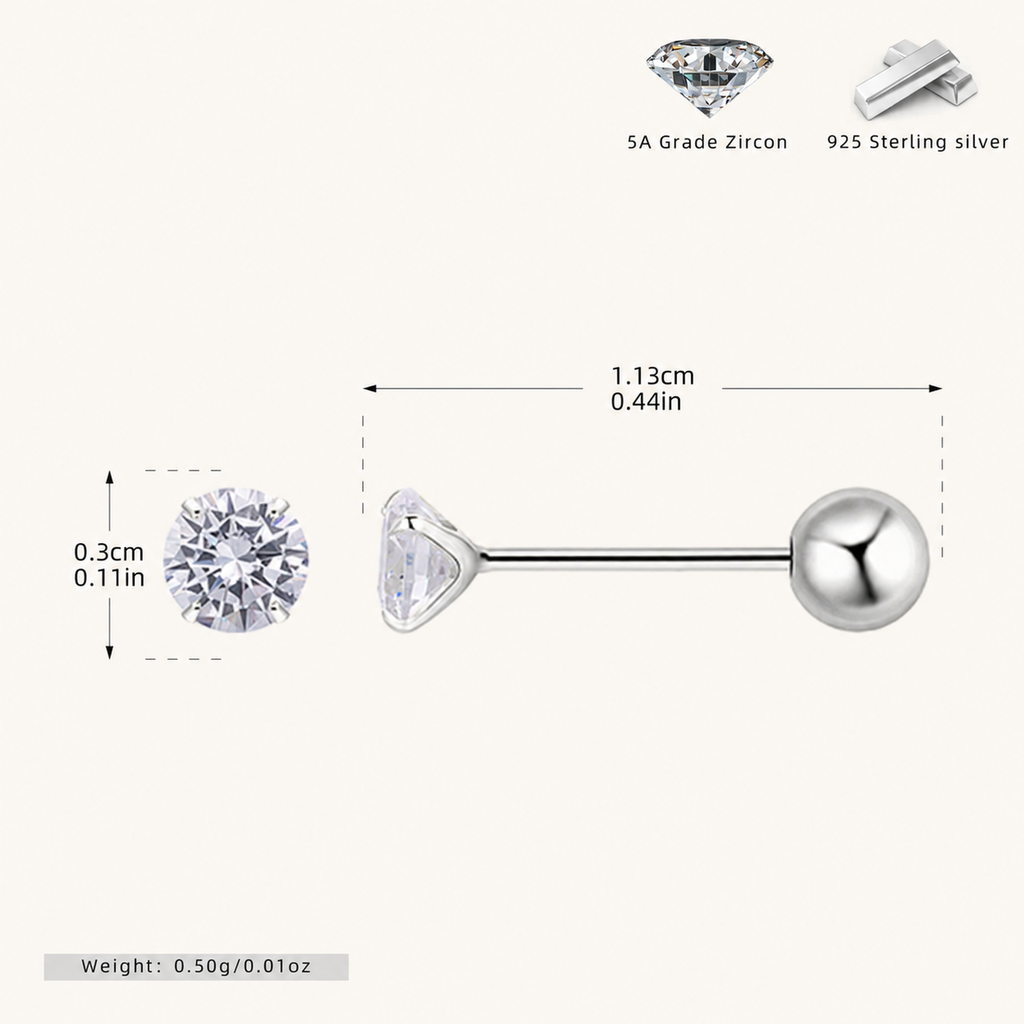 Sterling Silver Four-Prong Zirconia Flat Back Earrings - Platinum / 3mm