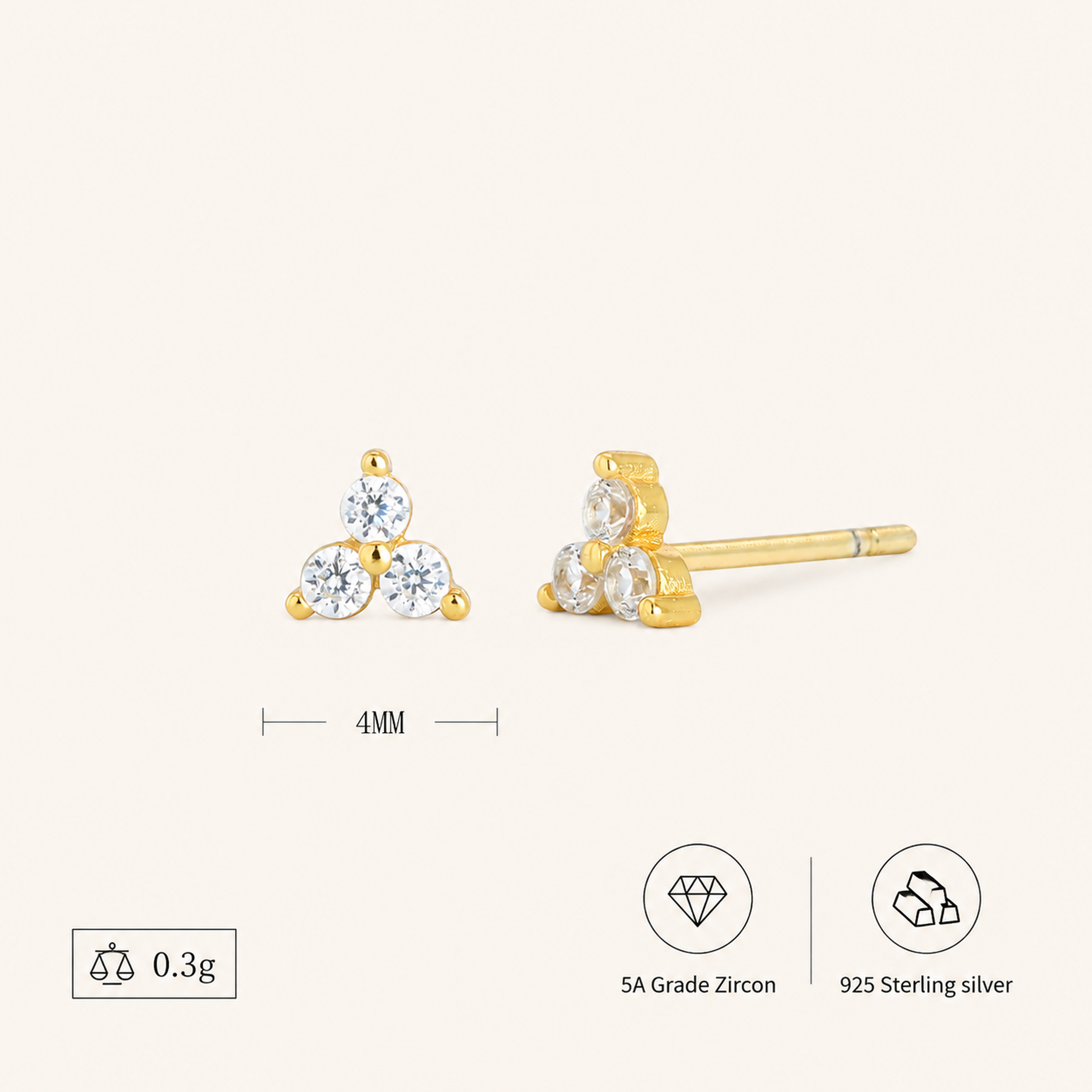 Sterling Silver Triangle Zirconia Stud Earrings - Gold / White Zircon