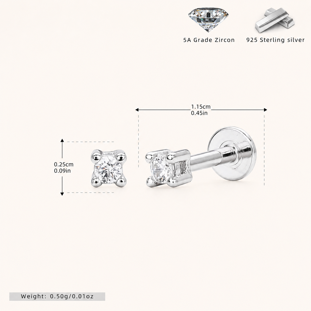 Sterling Silver Round Zirconia Solitaire Flat Back Earrings - Platinum / 2.0mm
