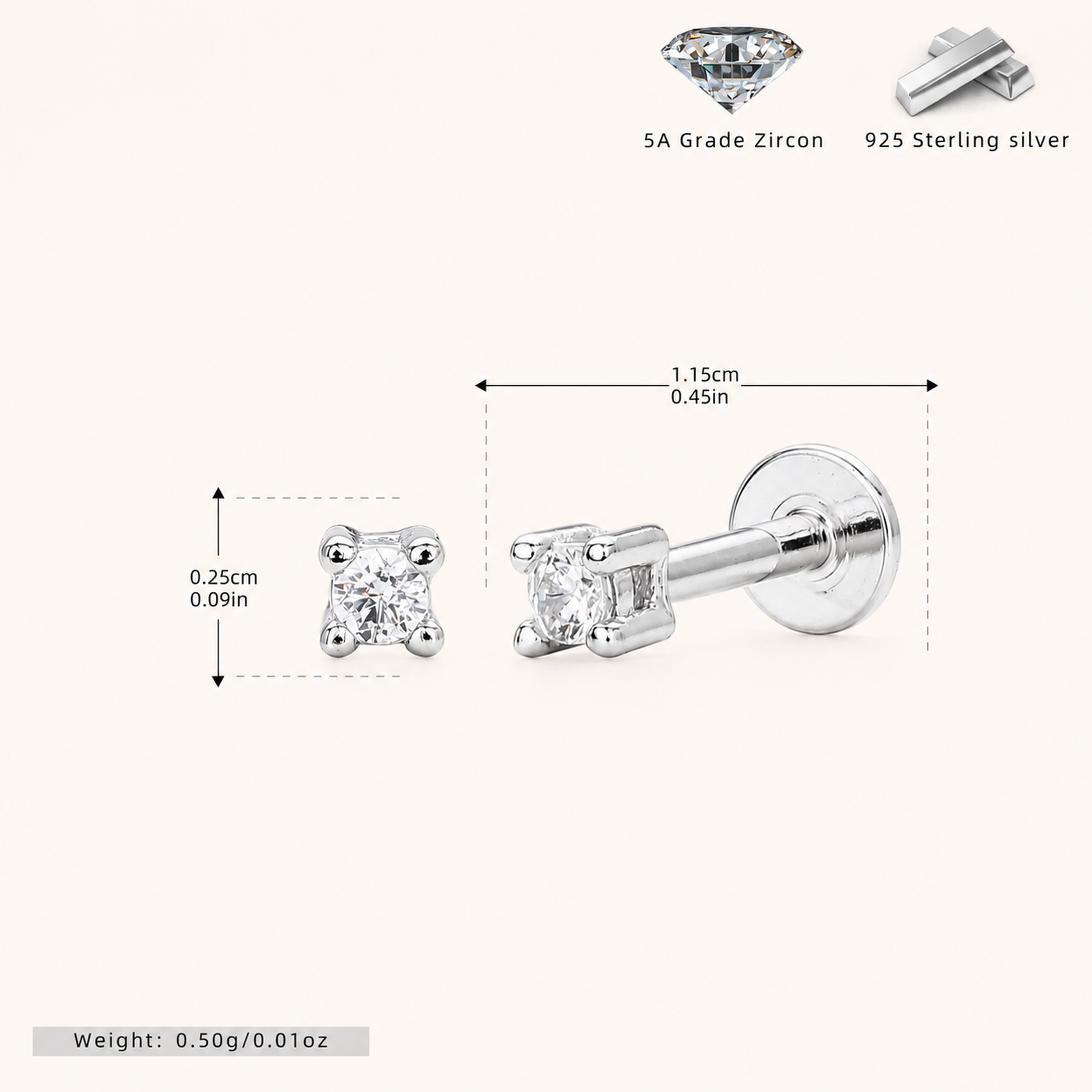 Sterling Silver Round Zirconia Solitaire Flat Back Earrings - Platinum / 2.0mm