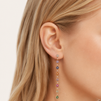 Sterling Silver Colorful Flower Chain Drop Stud Earrings worn on the ear