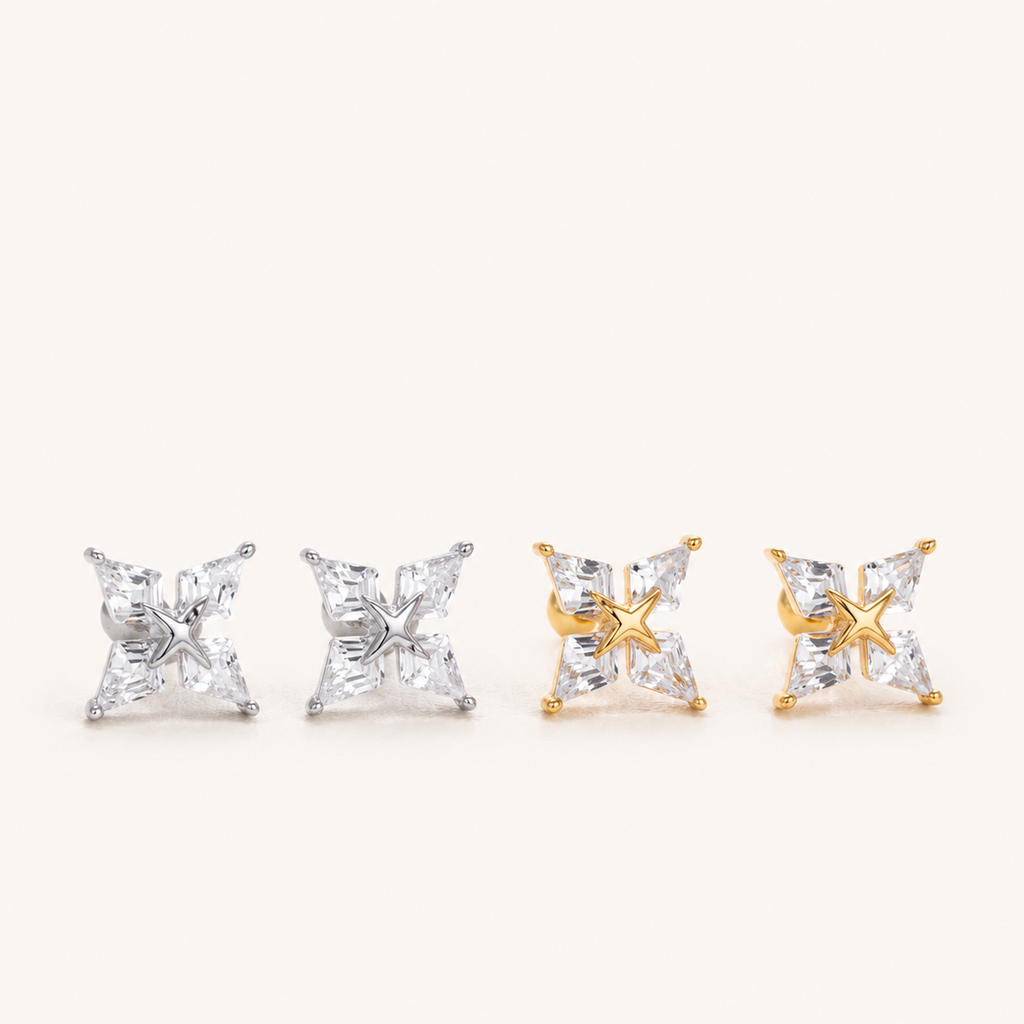 Sterling Silver Four-Point Star Zirconia Flat Back Earrings detail view