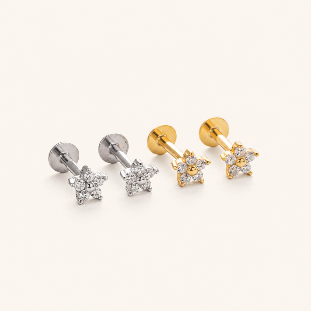 Sterling Silver Five-Point Star Zirconia Flower Flat Back Earrings detail