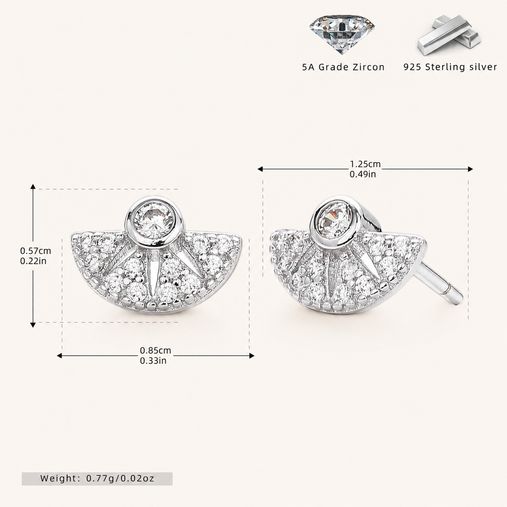 Sterling Silver Zirconia Fan Stud Earrings - Platinum