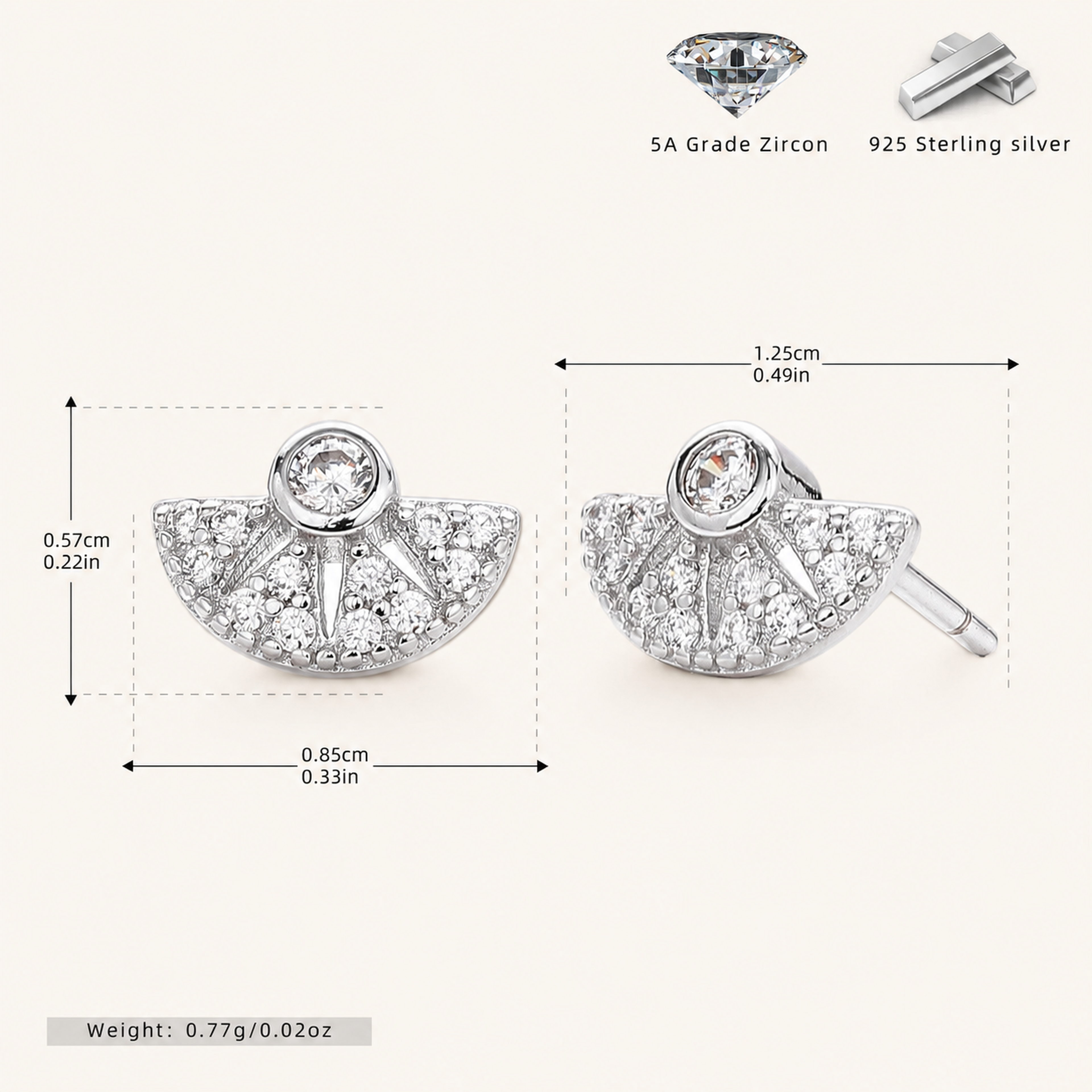 Sterling Silver Zirconia Fan Stud Earrings - Platinum