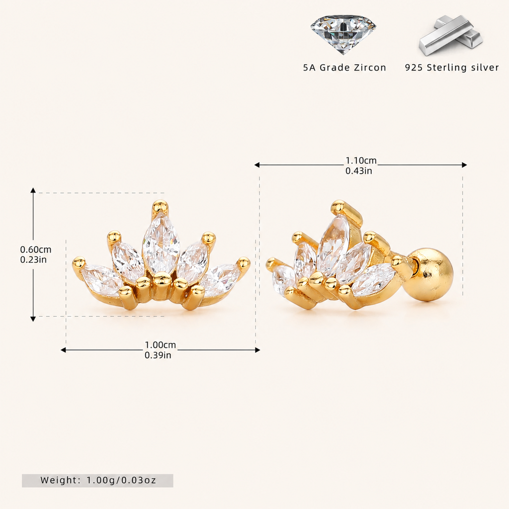 Sterling Silver Zirconia Crown Flat Back Earrings - Gold