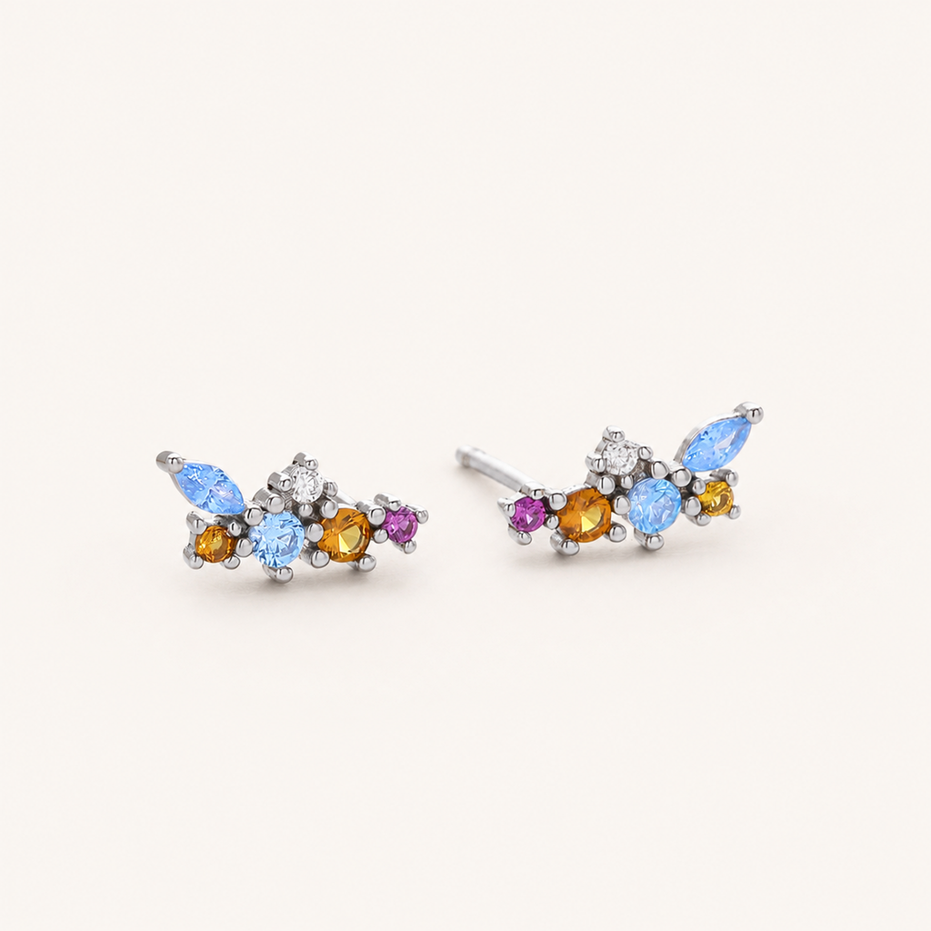 Sterling Silver Colorful Zirconia Geometric Stud Earrings detail view