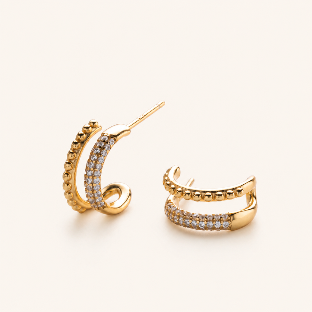Sterling Silver Double Arc C-Shape Zirconia Stud Earrings detail view