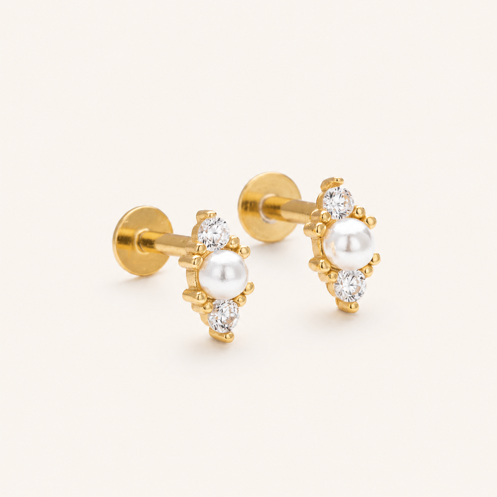 Sterling Silver Irregular Zirconia Pearl Flat Back Earrings detail