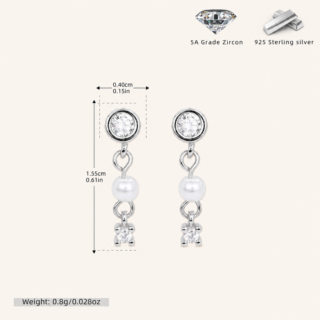 Sterling Silver Pearl & Zirconia Chain Drop Stud Earrings - Platinum / 2