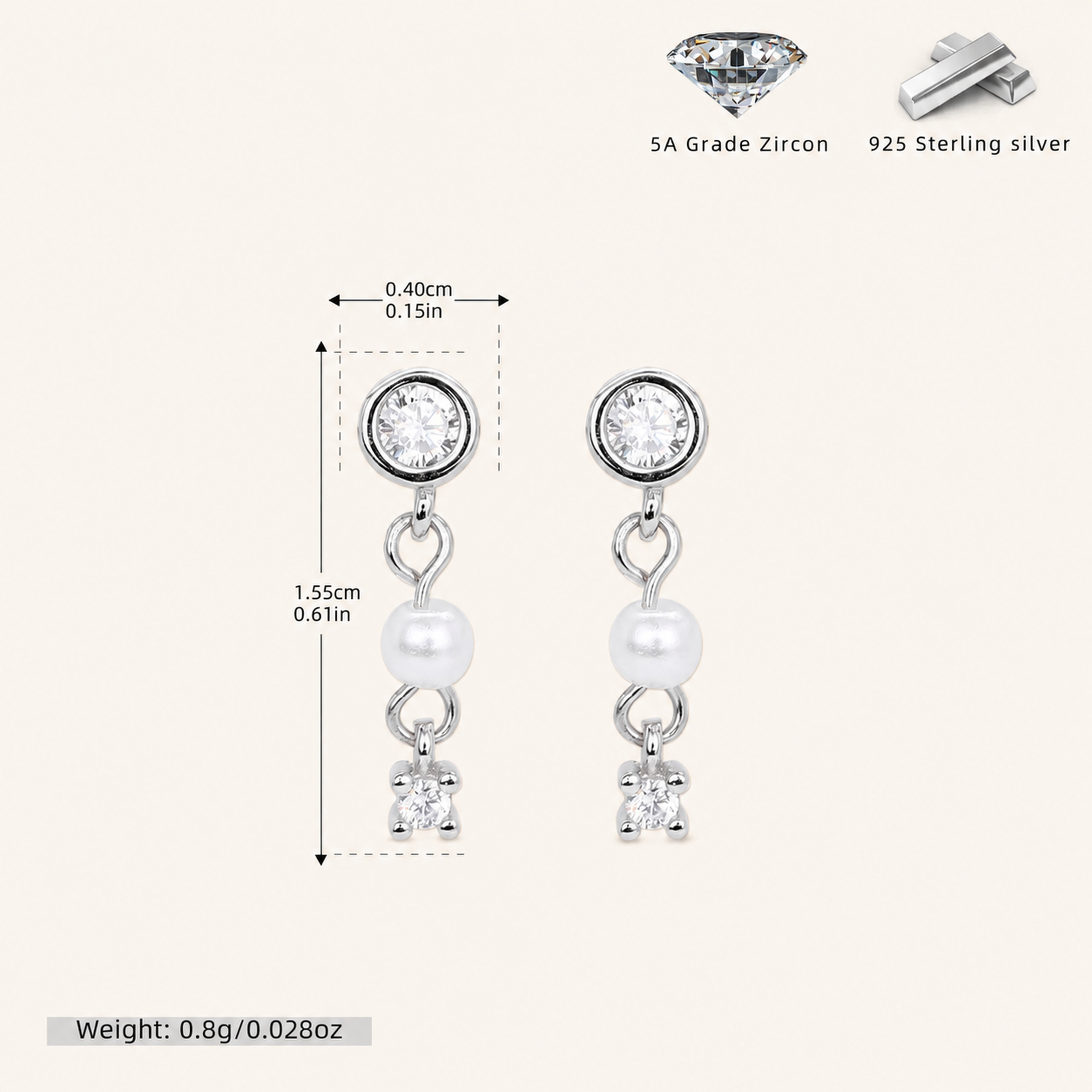Sterling Silver Pearl & Zirconia Chain Drop Stud Earrings - Platinum / 2