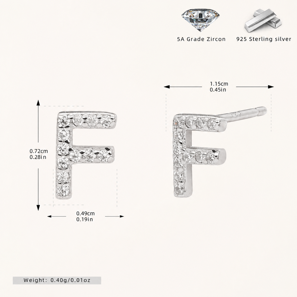 Sterling Silver Pave Initial Letter Stud Earrings - Platinum / F