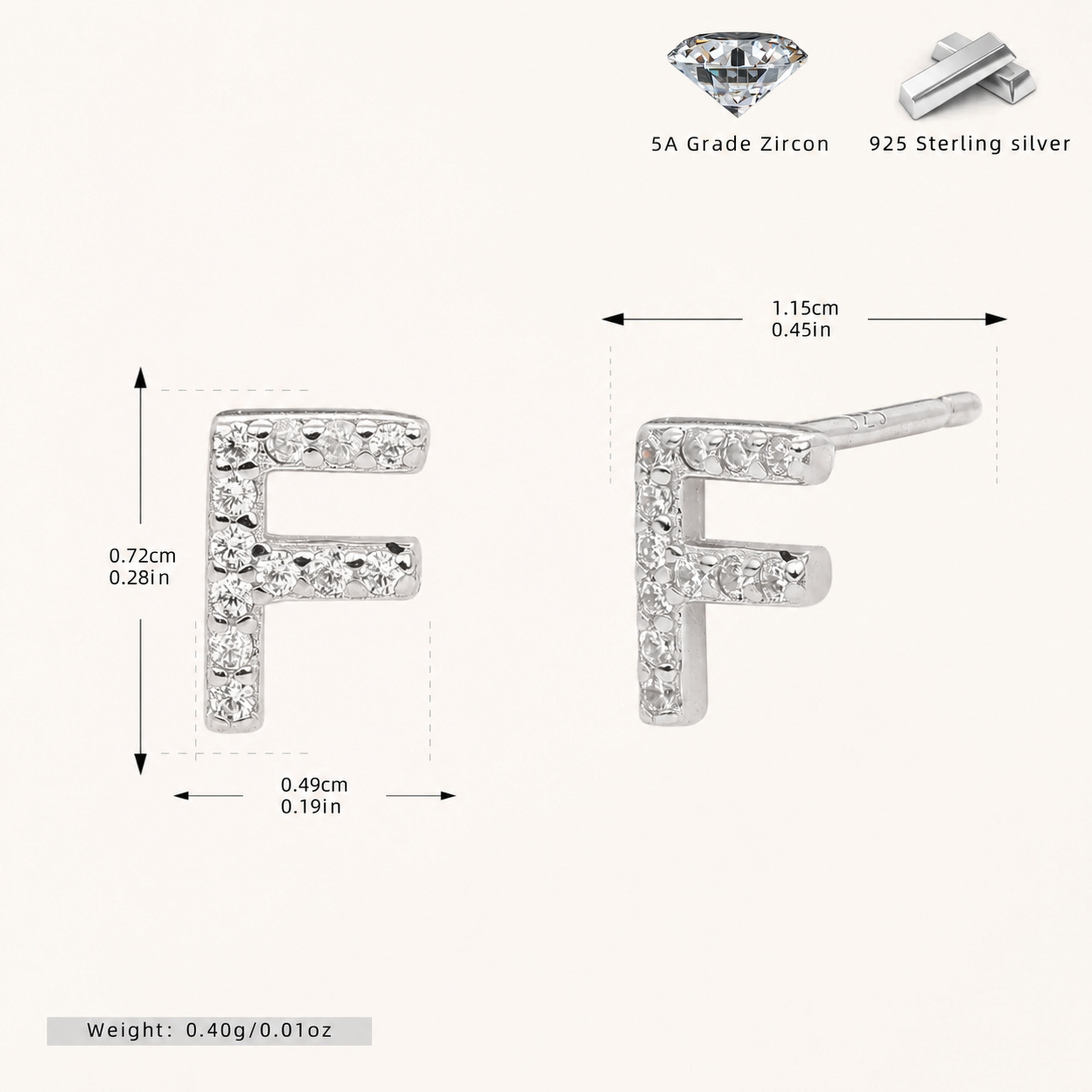 Sterling Silver Pave Initial Letter Stud Earrings - Platinum / F