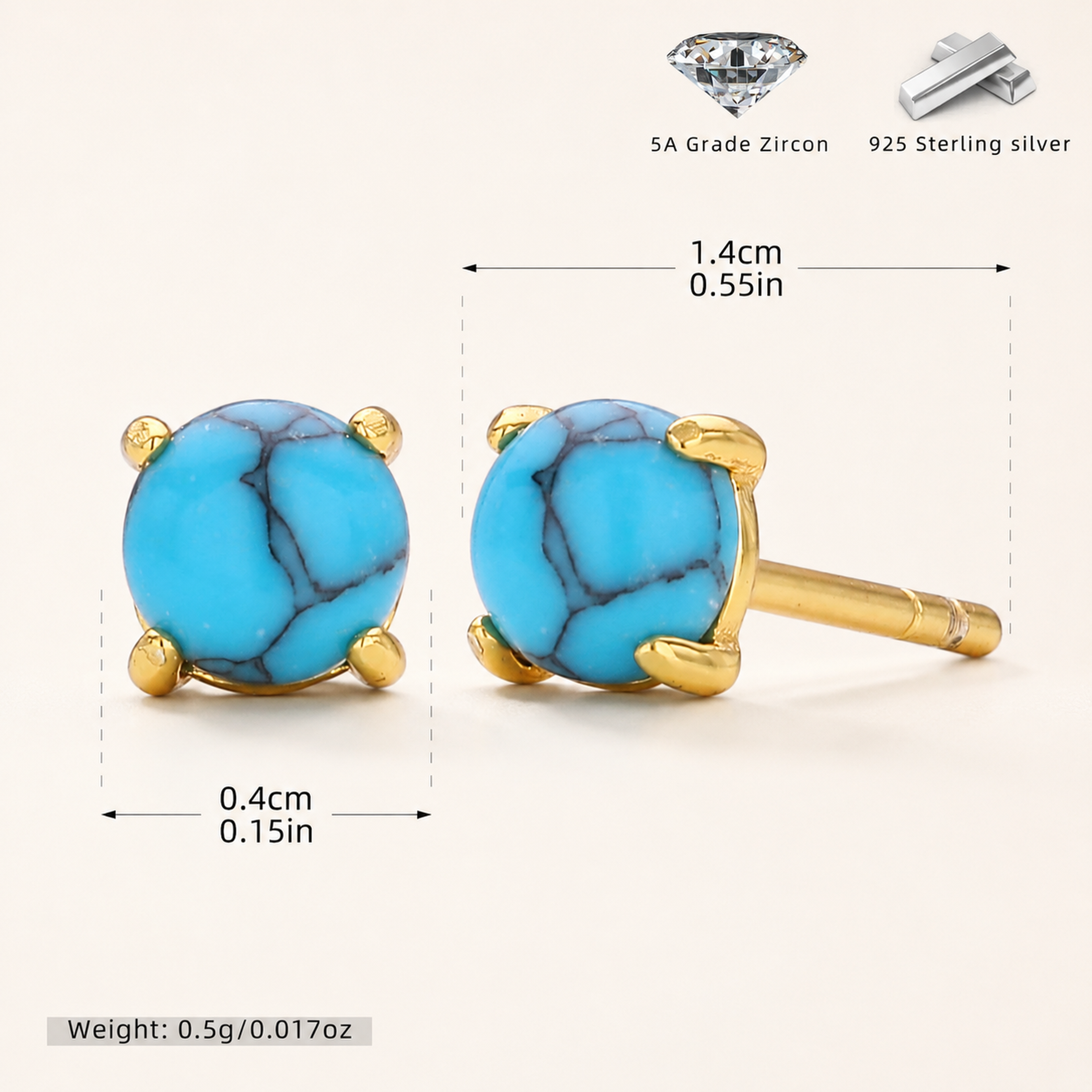 Sterling Silver Gemstone Solitaire Stud Earrings - Gold / Turquoise