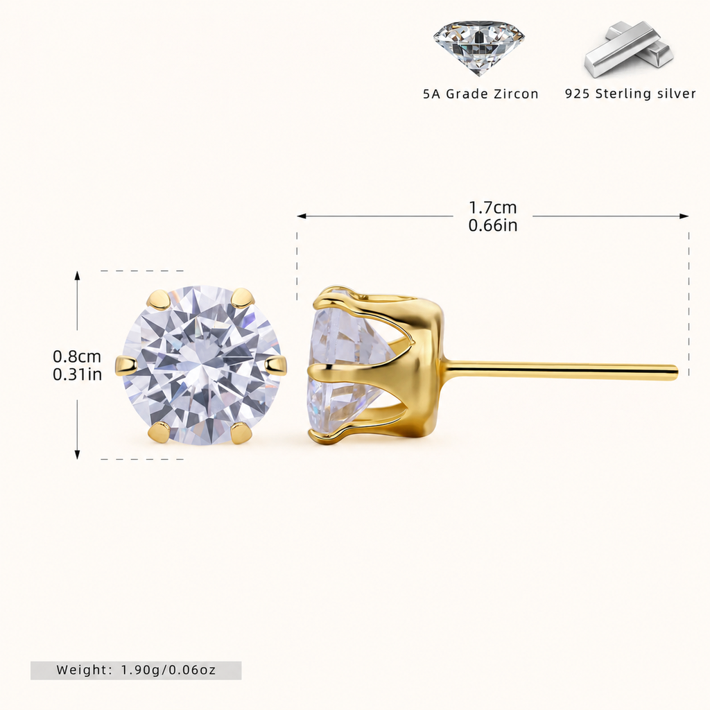 Sterling Silver Six-Prong Zirconia Stud Earrings - Gold / 8mm