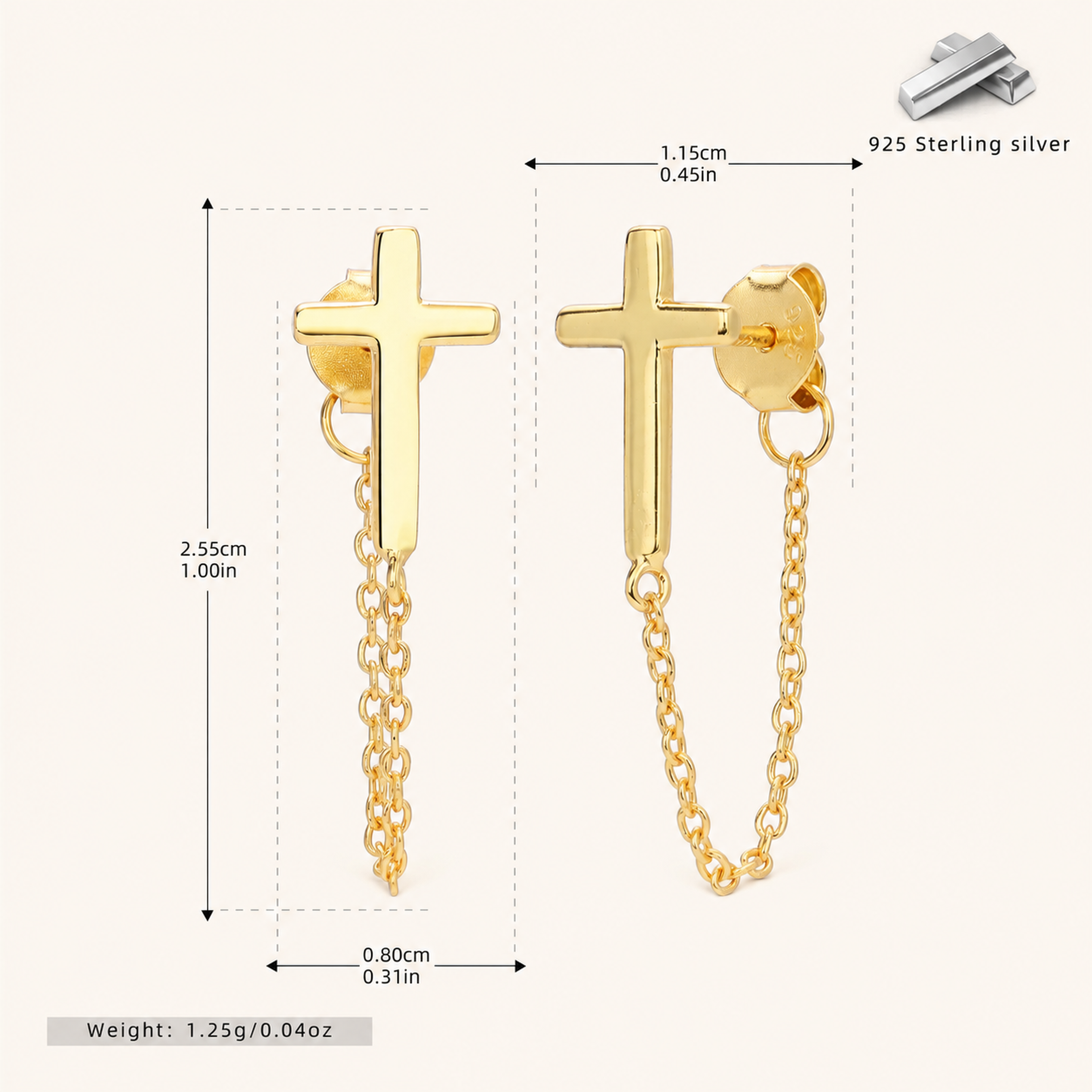 Sterling Silver Cross Chain Drop Stud Earrings - Gold