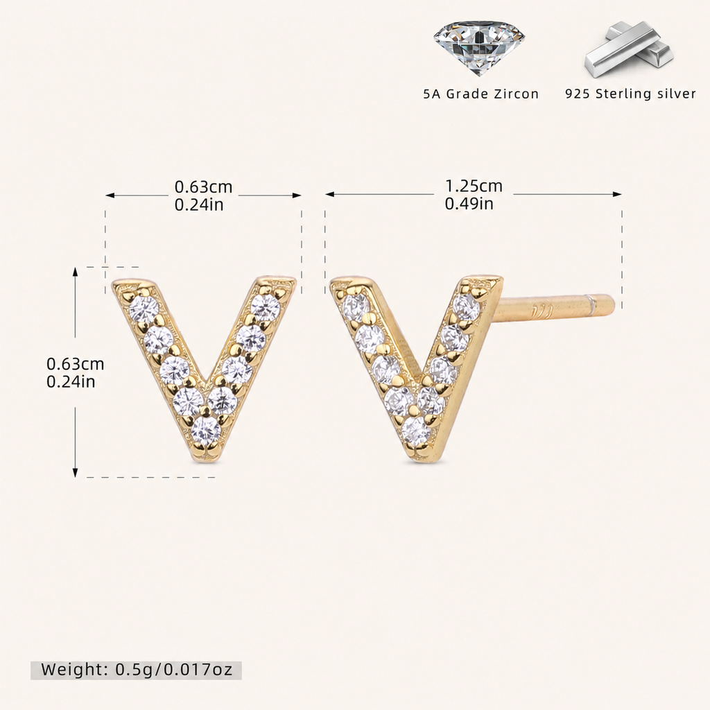 Sterling Silver Pave Initial Letter Stud Earrings - Gold / V