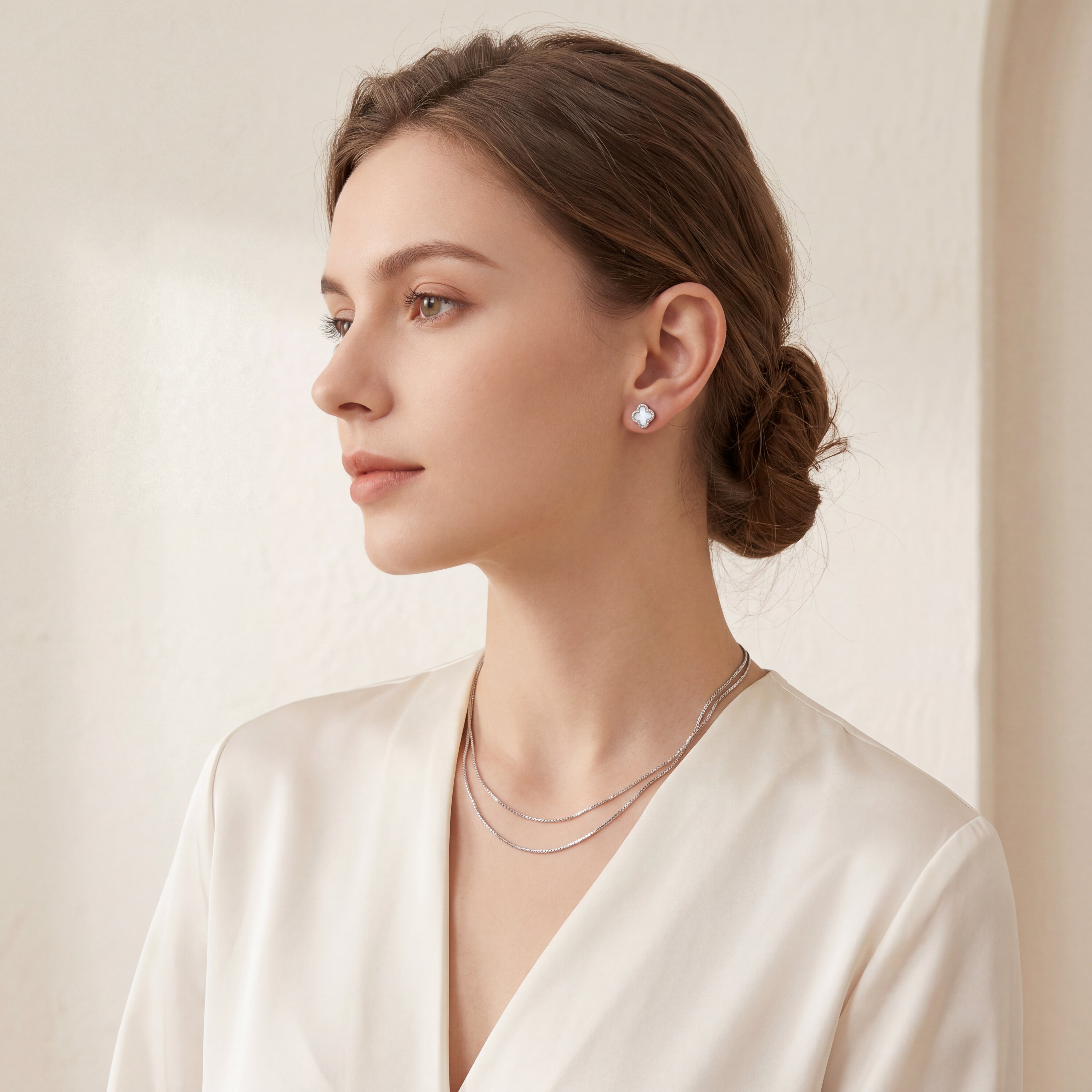 White Shell Clover Titanium Flat Back Earring - image 3