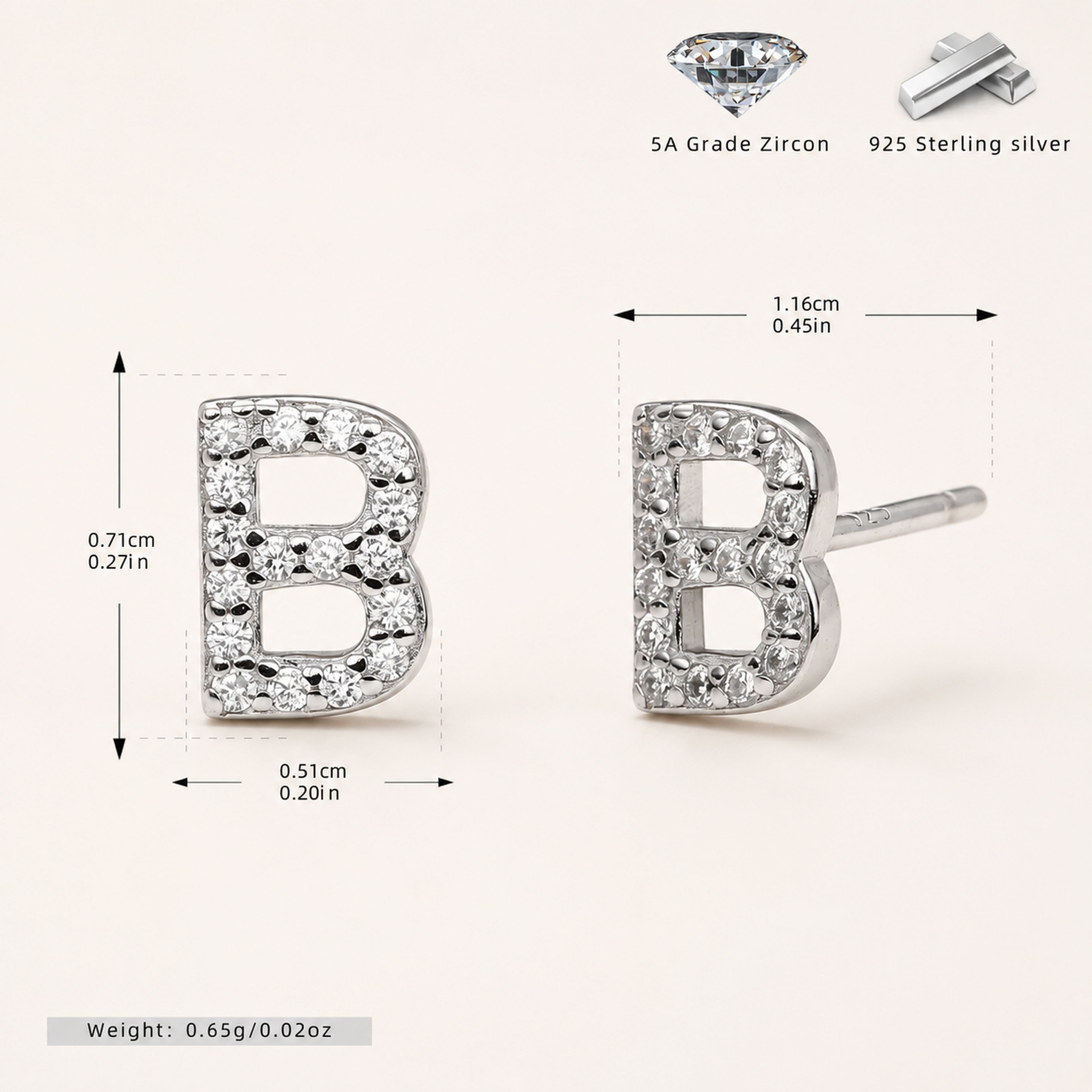 Sterling Silver Pave Initial Letter Stud Earrings - Platinum / B