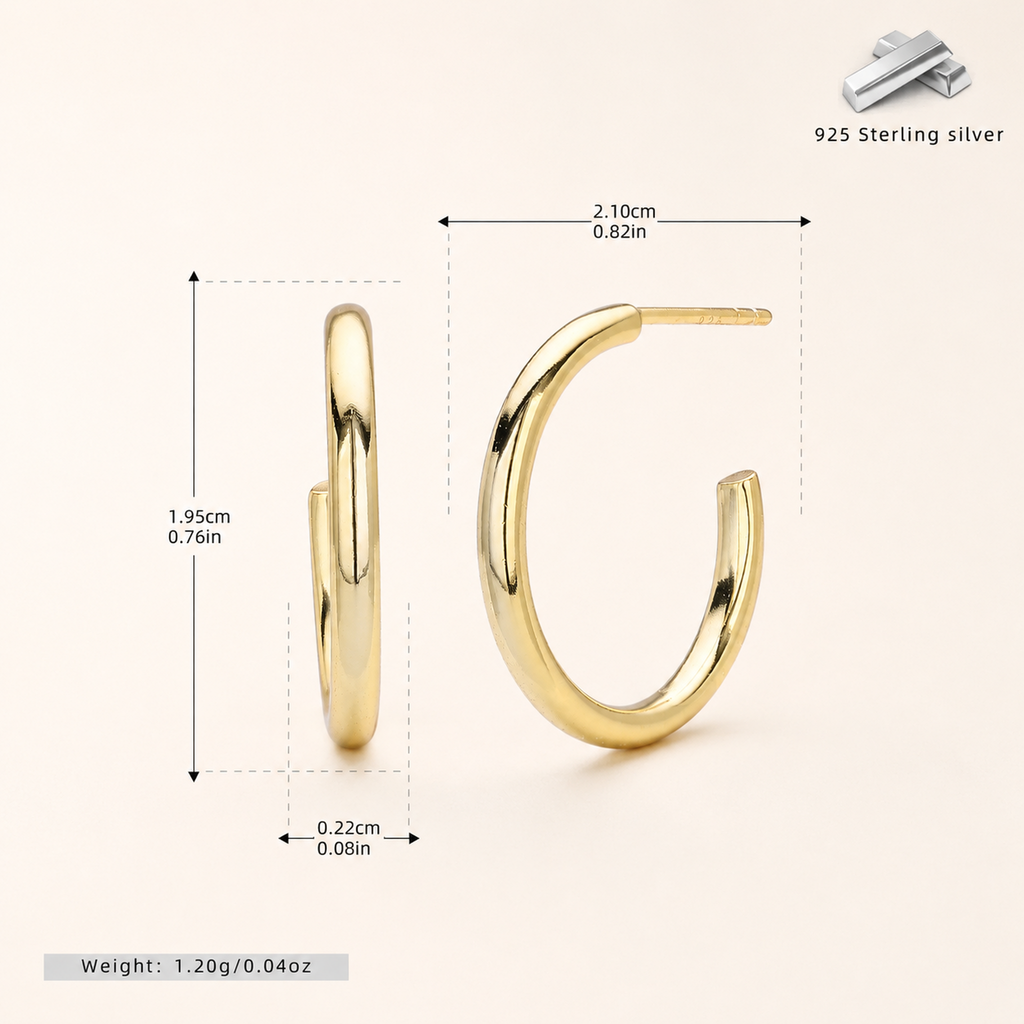 Sterling Silver Polished Round Hoop Earrings - Gold / 15mm